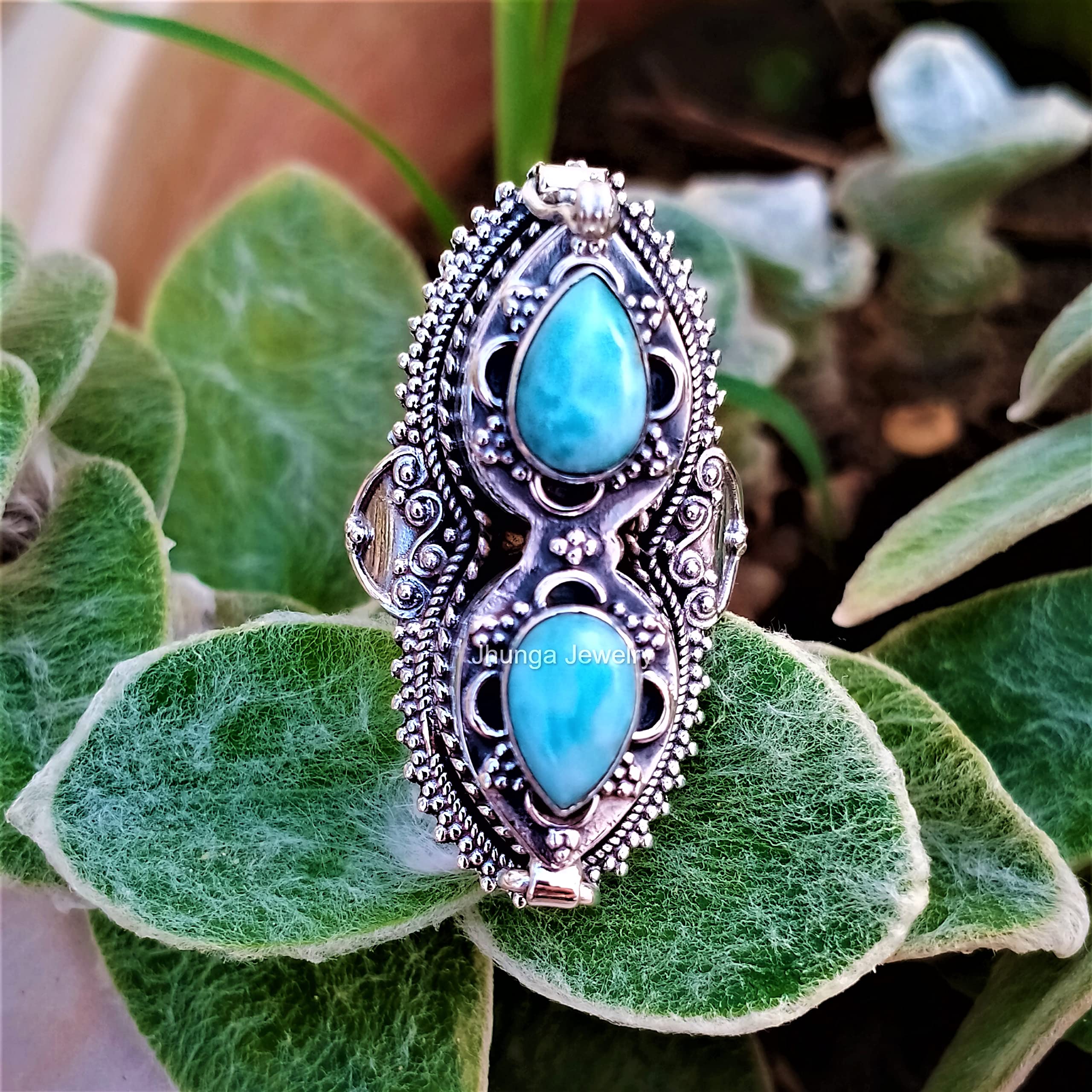 Larimar Poison Ring - 925 Sterling Silver Healing Crystal Locket Ring with Secret Compartment | Handmade Boho Style Statement Jewelry | Perfect for Gift Giving, Witchy Aesthetic & Medieval Renaissance Fairs