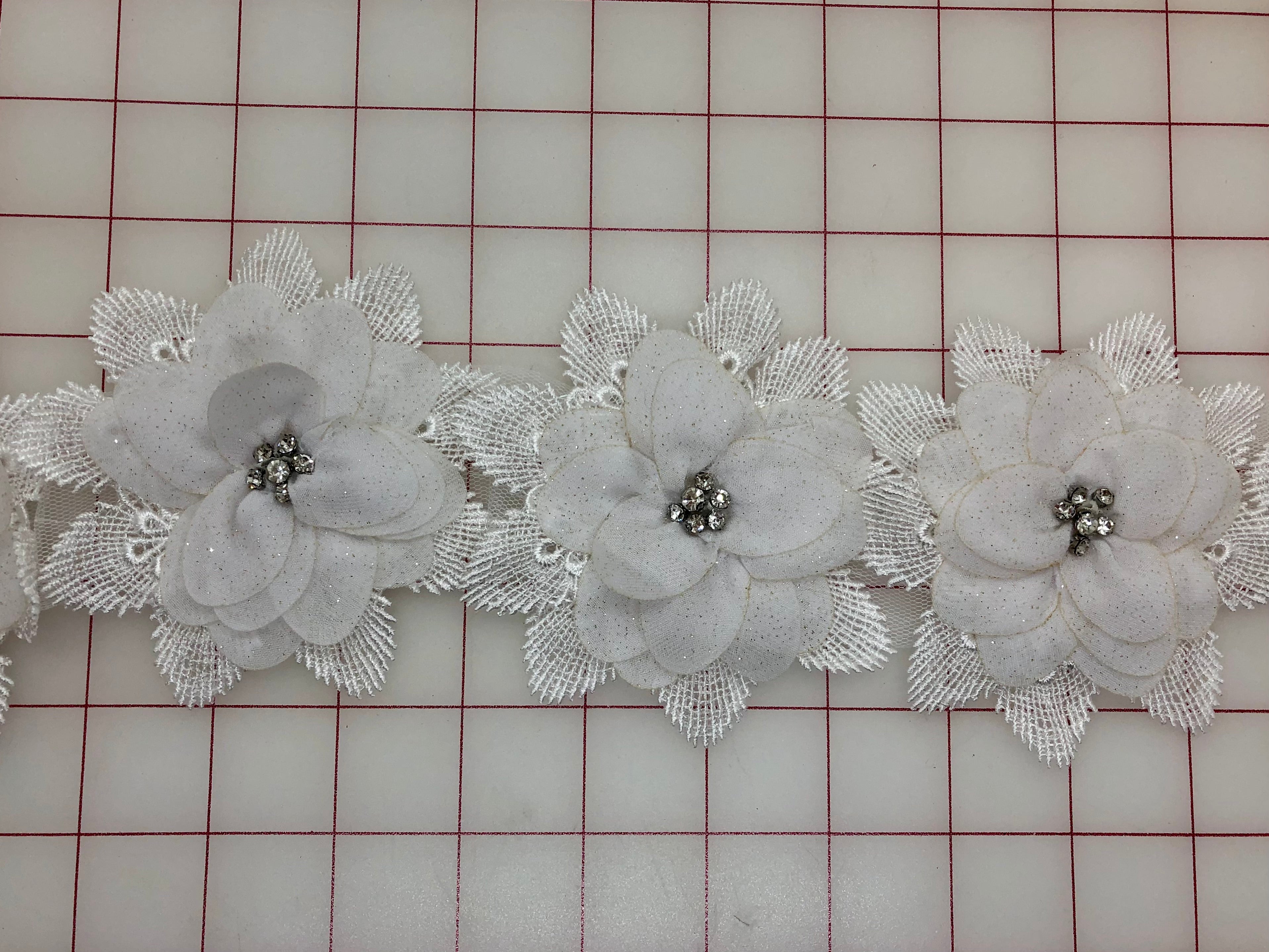 3D White Lace Flower Applique with Crystal Rhinestone Centers - Perfect for Wedding Dresses, Bridal Gowns, and DIY Craft Projects