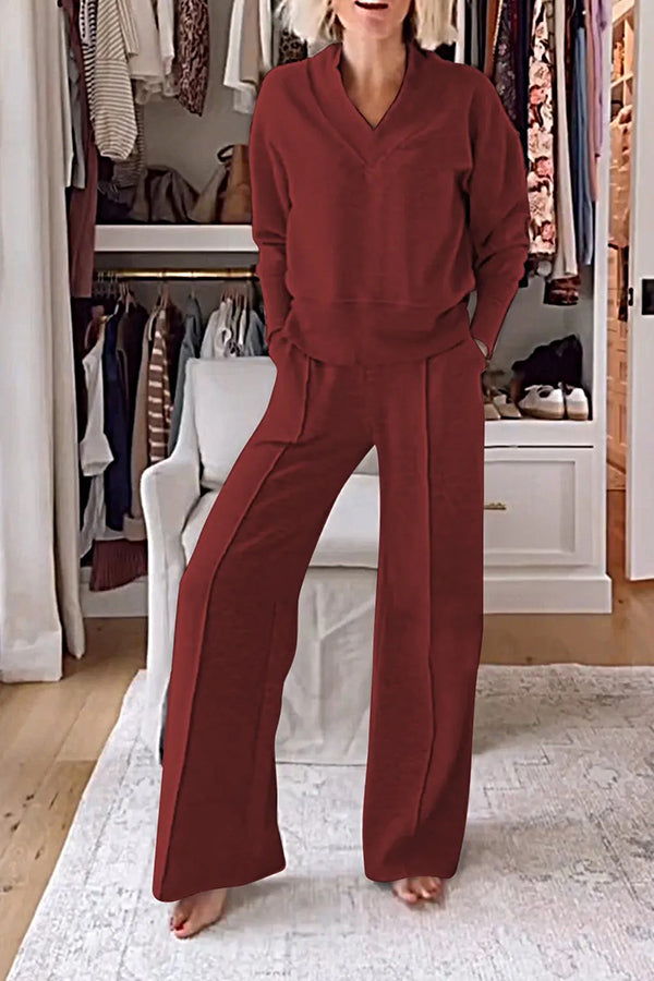 Women's Solid Color V-Neck Top & Elastic Waist Lounge Pants Set with Pockets - Cozy Winter Loungewear for Home, Yoga, and Relaxation