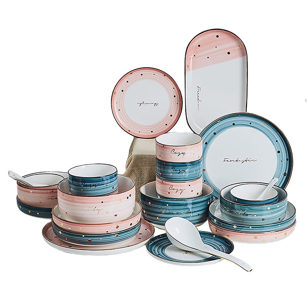 46-Piece Modern Round Porcelain Dinnerware Set - Colorful Ceramic Bowls & Plates | Microwave & Dishwasher Safe Serveware for Dining, Dessert, Entertaining | Elegant Gift for Home & Kitchen