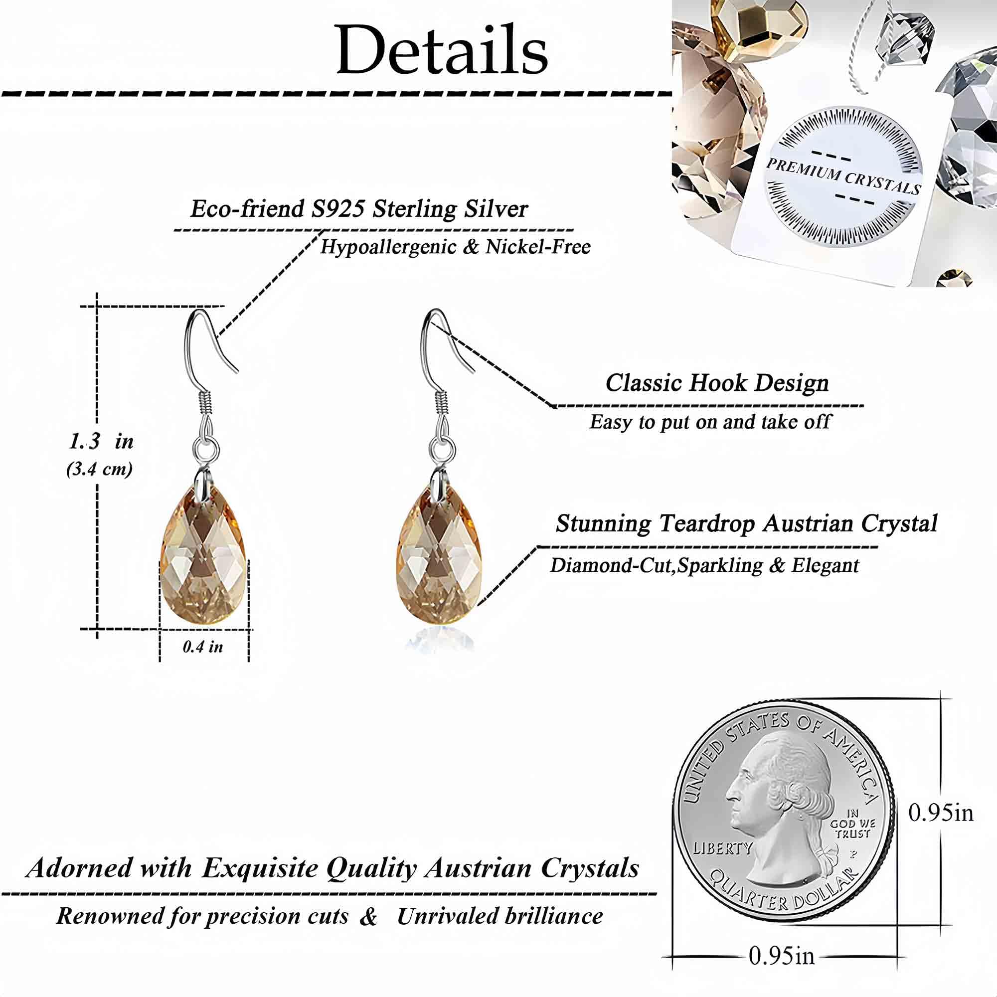 Austrian Crystal Teardrop Dangle Earrings for Women - 925 Sterling Silver Hook Hypoallergenic Jewelry - Perfect for Weddings, Parties & Special Occasions
