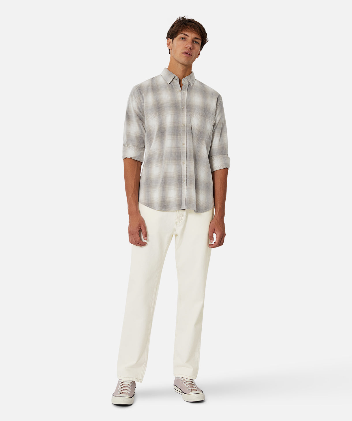 The Saybrook LS Shirt - Men's Long Sleeve Casual Button-Down Shirt in Grey/Wheat Plaid - Perfect for Office, Date Night & Outdoor Adventures