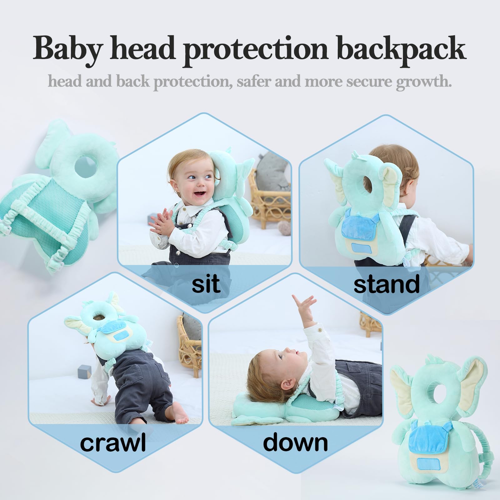 Baby Head Protector Backpack with Soft Pillow - Anti-Fall Safety Gear for Crawling & Walking Infants | Includes Knee Pads & Non-Slip Socks | Perfect Baby Shower Gift (Elephant Design) - Ideal for Home Playtime, Daycare & Outdoor Adventures