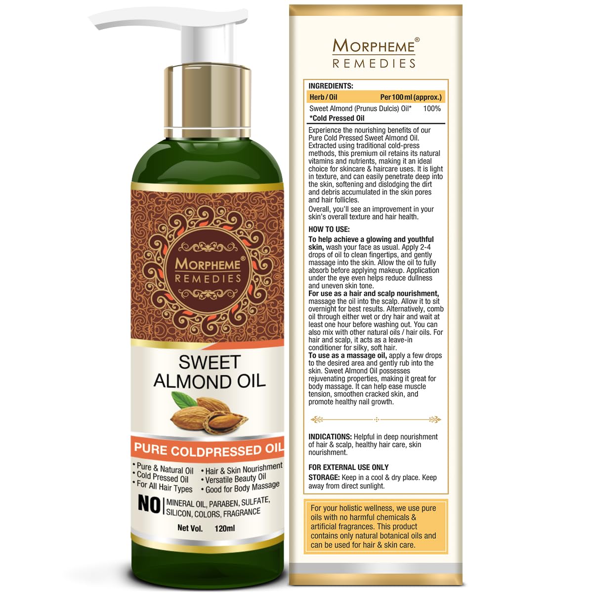 Pure Cold-Pressed Sweet Almond Oil for Hair & Skin Care - 120ml | Natural Moisturizer for Dry Skin, Hair Growth & Massage | Vegan & Chemical-Free