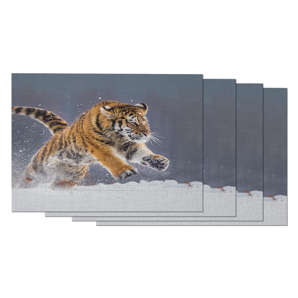 AOYEGO Siberian Tiger Placemats Set of 4 - 12x18 Inch Cotton Linen Table Mats for Dining Room Decor, Safari Animal Theme with Running Tiger in Snow Design - Perfect for Holiday Dinners, Wild Animal Themed Parties, and Cozy Home Decor