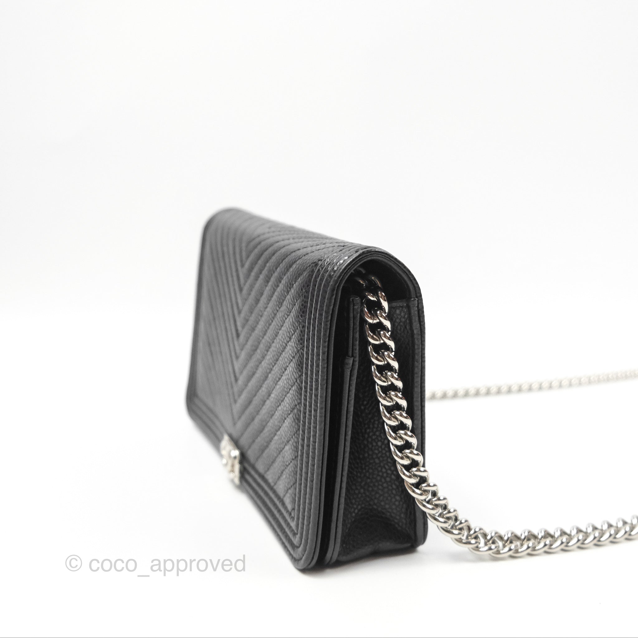 Chanel Chevron Boy Wallet on Chain WOC Black Caviar Leather with Silver Hardware - Luxury Crossbody Bag for Women, Perfect for Evening Parties & Date Nights