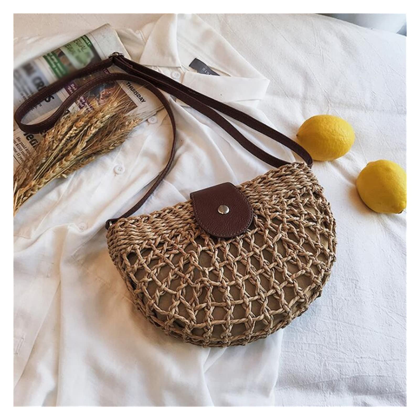 Handmade Rattan Shoulder Bag for Women - Woven Straw Crossbody Purse & Saddle Clutch (11x25cm) - Boho Beach Bag, Summer Outing, Wedding Accessory