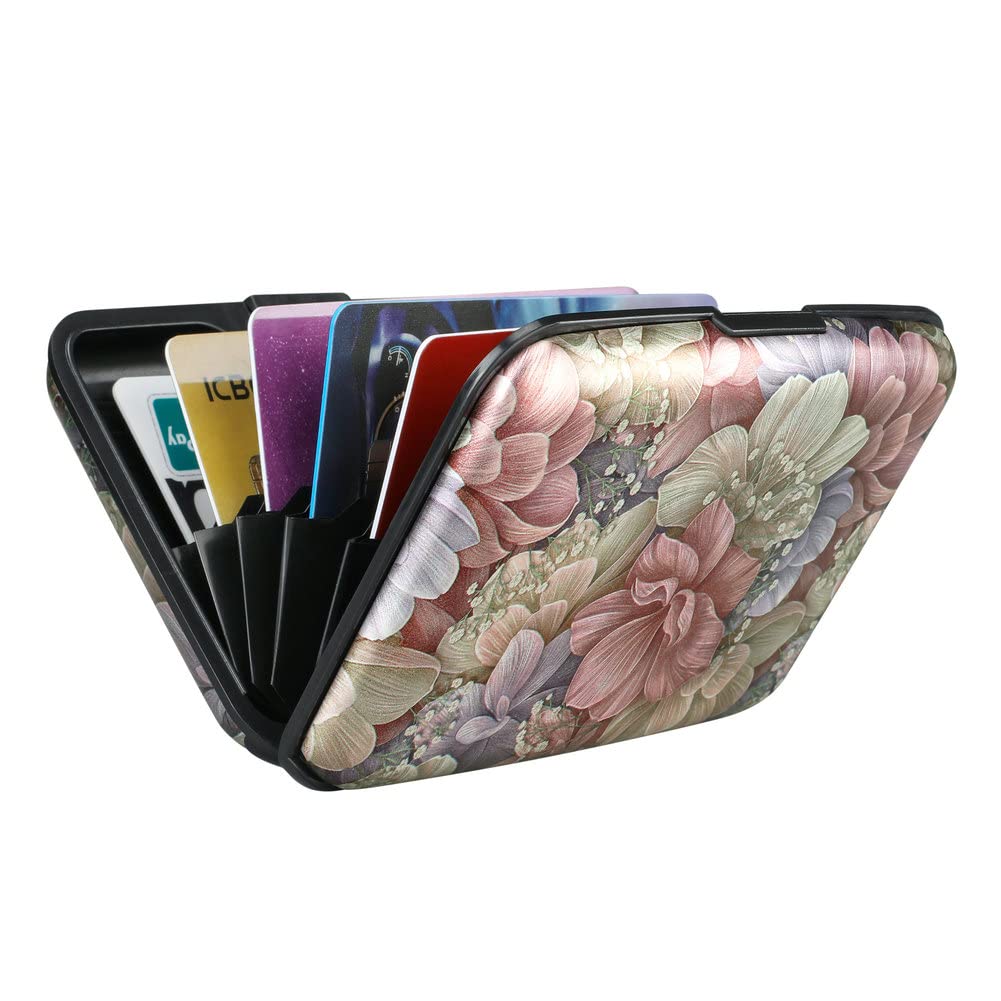 ELFISH Mini RFID Blocking Aluminum Wallet - Slim Credit Card Holder for Men & Women - Business Card Case & Metal ID Protector (Happy Flower Design) - Perfect for Travel, Office & Everyday Use