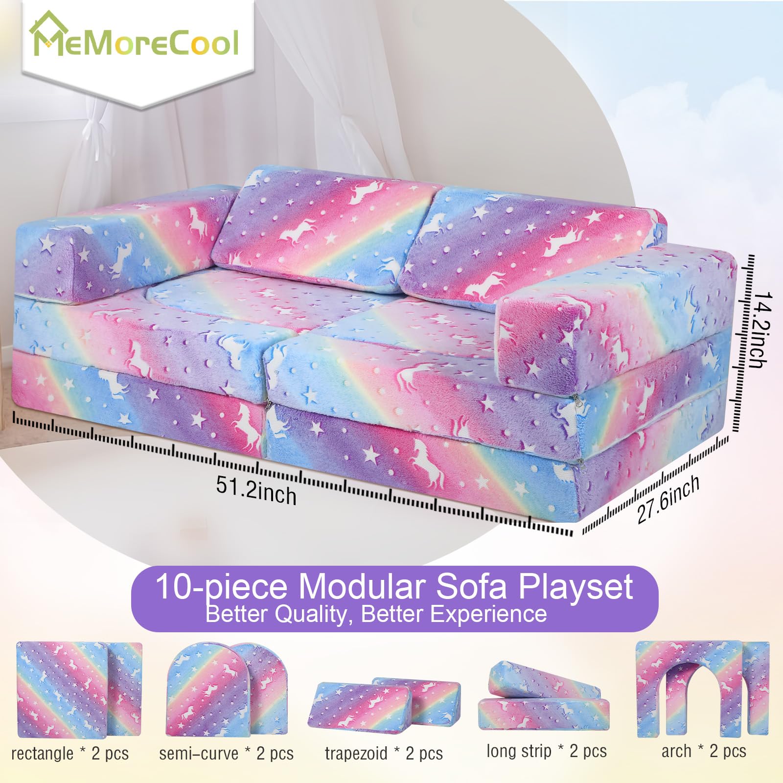 MeMoreCool Toddler Couch - 10-Piece Modular Play Sofa for Kids, Foldable Playroom Furniture for Boys & Girls, Glow-in-the-Dark Rainbow Design - Perfect for Playrooms, Bedrooms & Daycare Centers