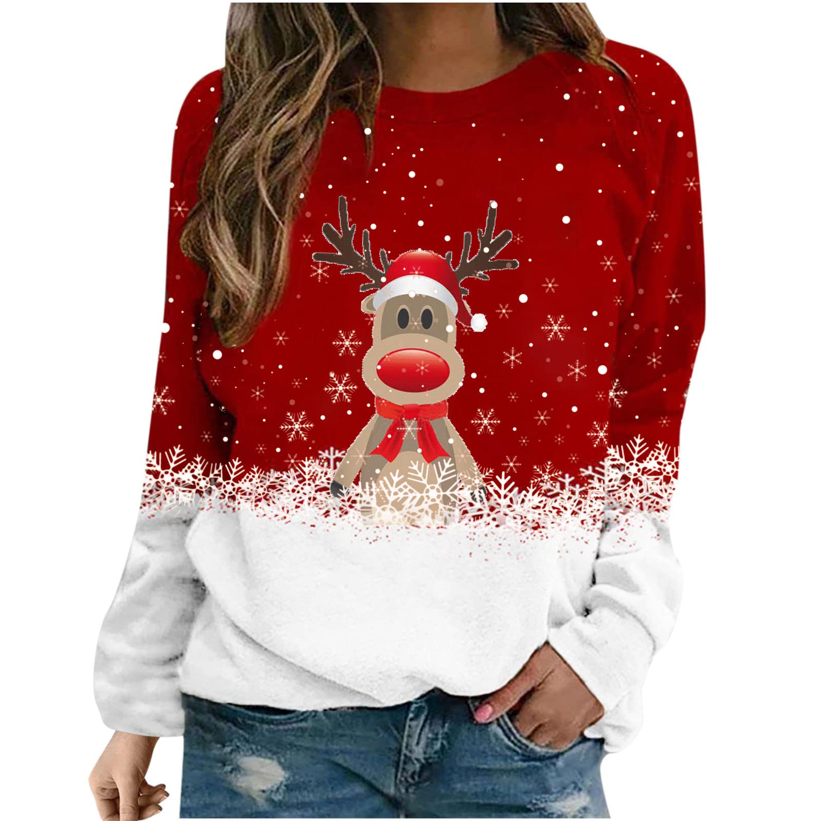 Women's Christmas Printed Long Sleeve T-Shirt - Cute Holiday Pullover Sweatshirt, Casual Crewneck Loose Fit Top for Cozy Winter Outfits | Perfect for Holiday Parties, Family Gatherings & Festive Seasonal Wear