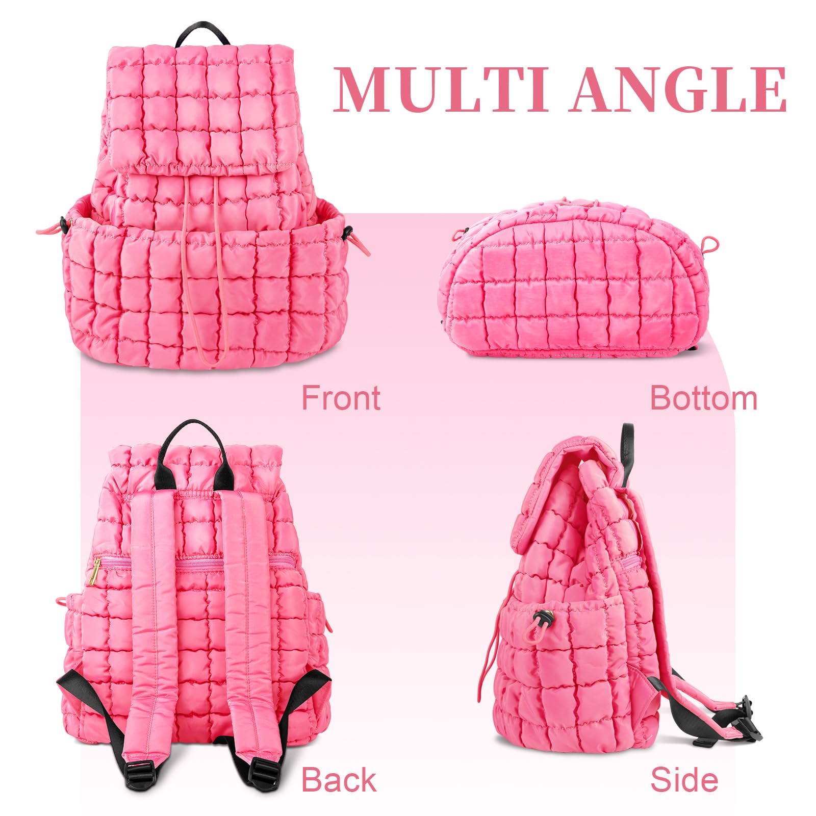 Iqimott Quilted Puffer Backpack for Women - Stylish Nylon Casual Daypack, Lightweight Hiking & Gym Bag with Adjustable Drawstring - Perfect for Travel, School & Outdoor Activities (Pink)