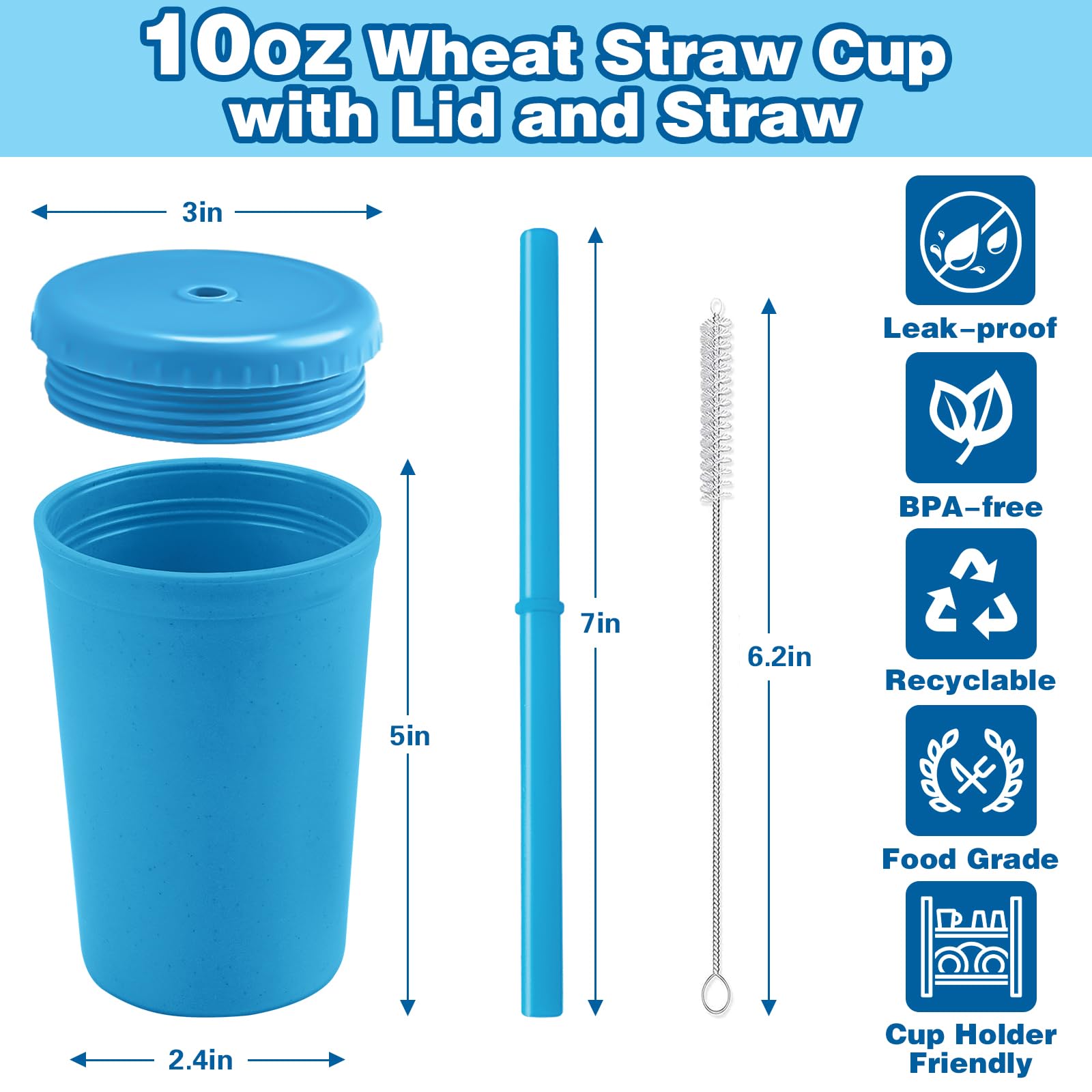 Eco-Friendly 10oz Wheat Straw Cups for Kids - Spill-Proof, BPA-Free Reusable Water Bottles with Lids & Straws - Unbreakable, Chip-Resistant Tumbler for School, Travel & Outdoor Activities - Microwave & Dishwasher Safe