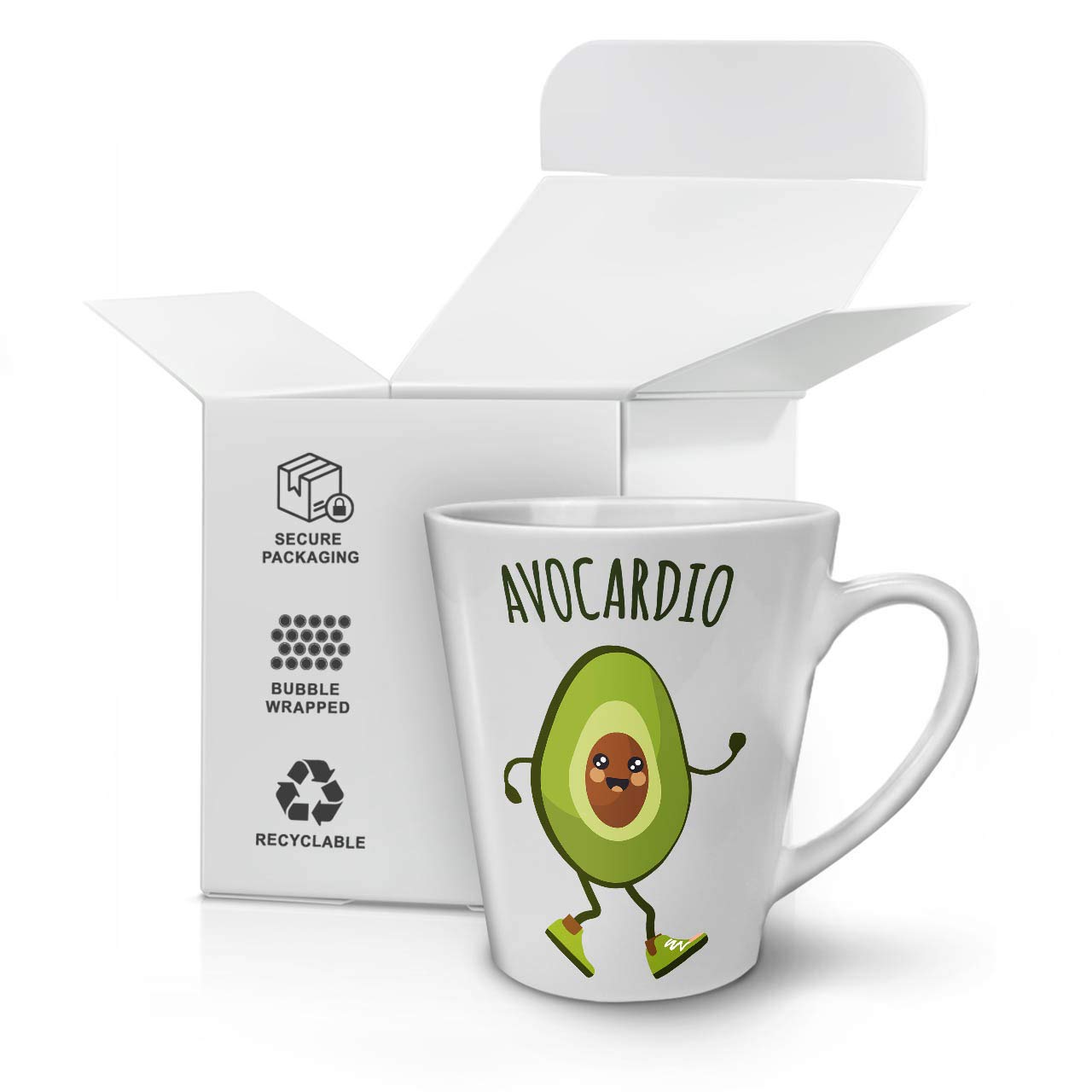 Funny Avocado Cardio Run Latte Mug - Double-Sided Print Ceramic Coffee Cup with Comfortable Handle by Wellcoda | Perfect for Gym Lovers, Runners & Coffee Enthusiasts