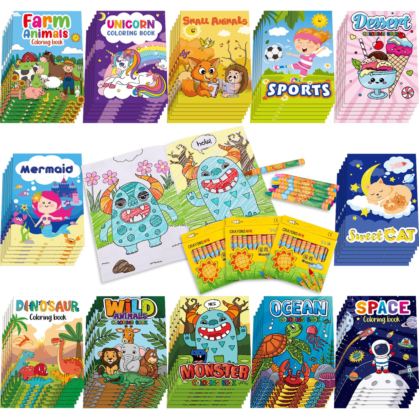 Fulmoon 144-Piece Bulk Coloring Books Set with Crayons for Kids - Dinosaur, Animal, Unicorn & Space Themed Art Supplies for Toddlers Ages 3-10 | Perfect for Birthday Party Favors, Classroom Activities & Arts & Crafts Projects