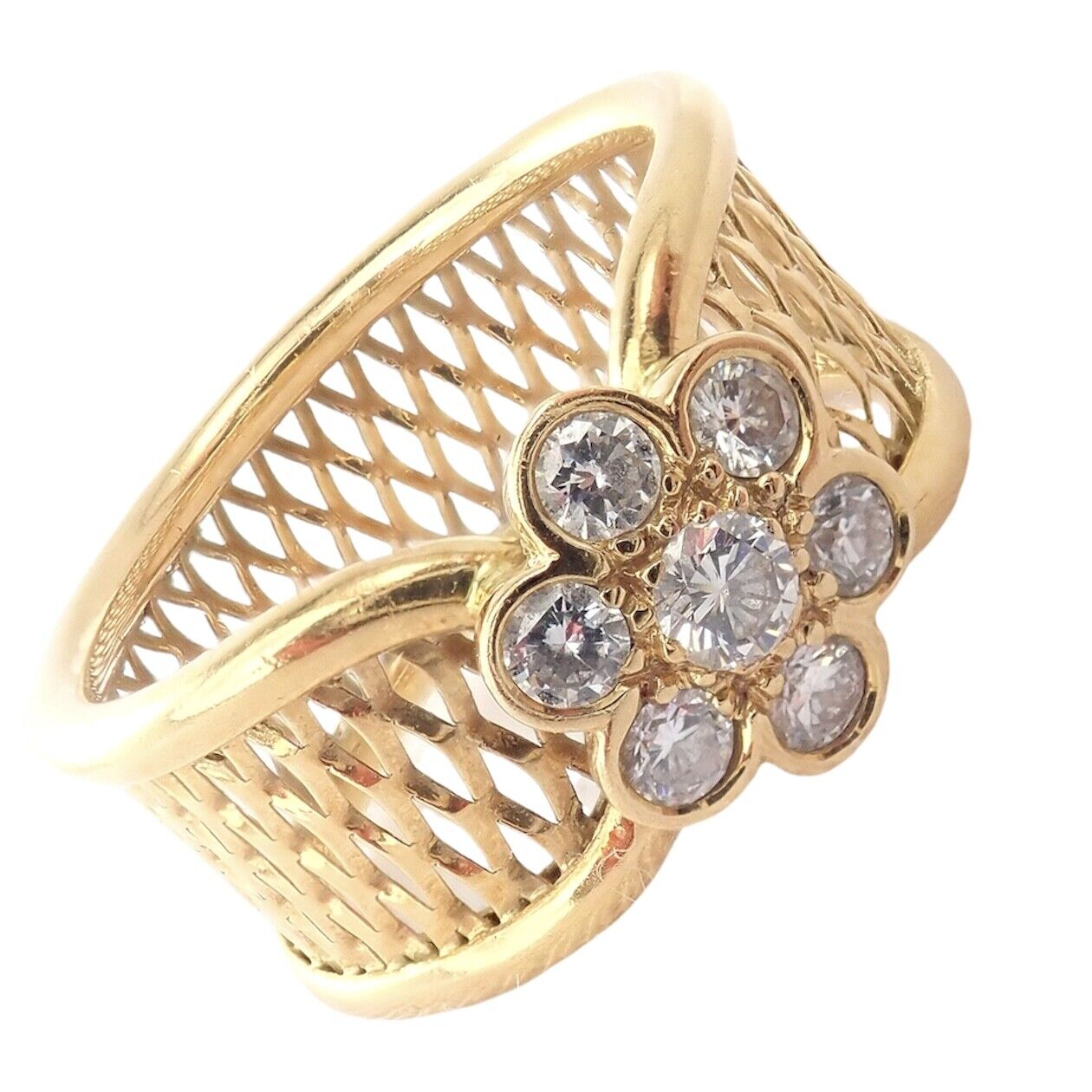Van Cleef & Arpels 18k Yellow Gold Diamond Fleurette Mesh Ring Size 7 - Luxury Jewelry for Women, Perfect for Weddings, Anniversaries & Special Occasions