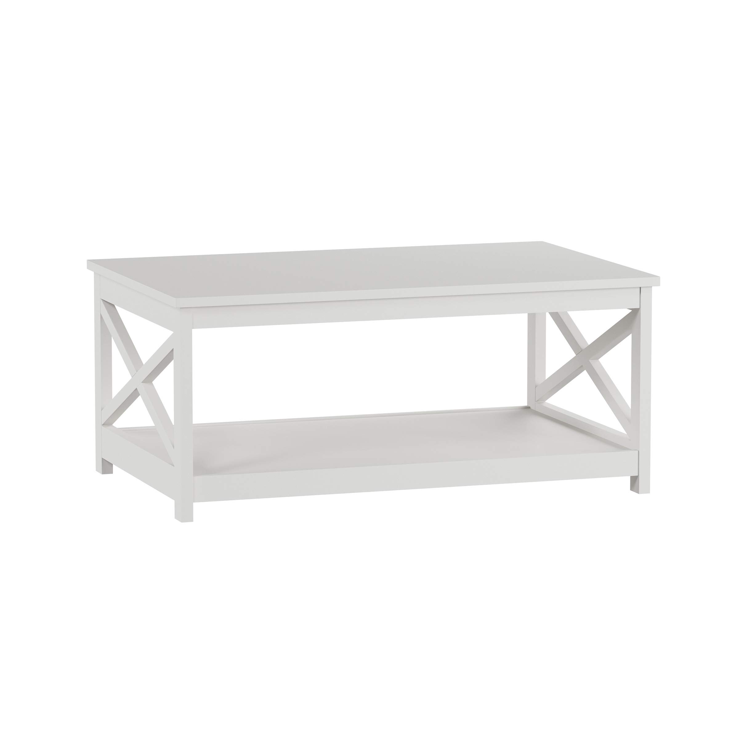 White Wood Coffee Table - Low Profile X-Leg Design for Living Room