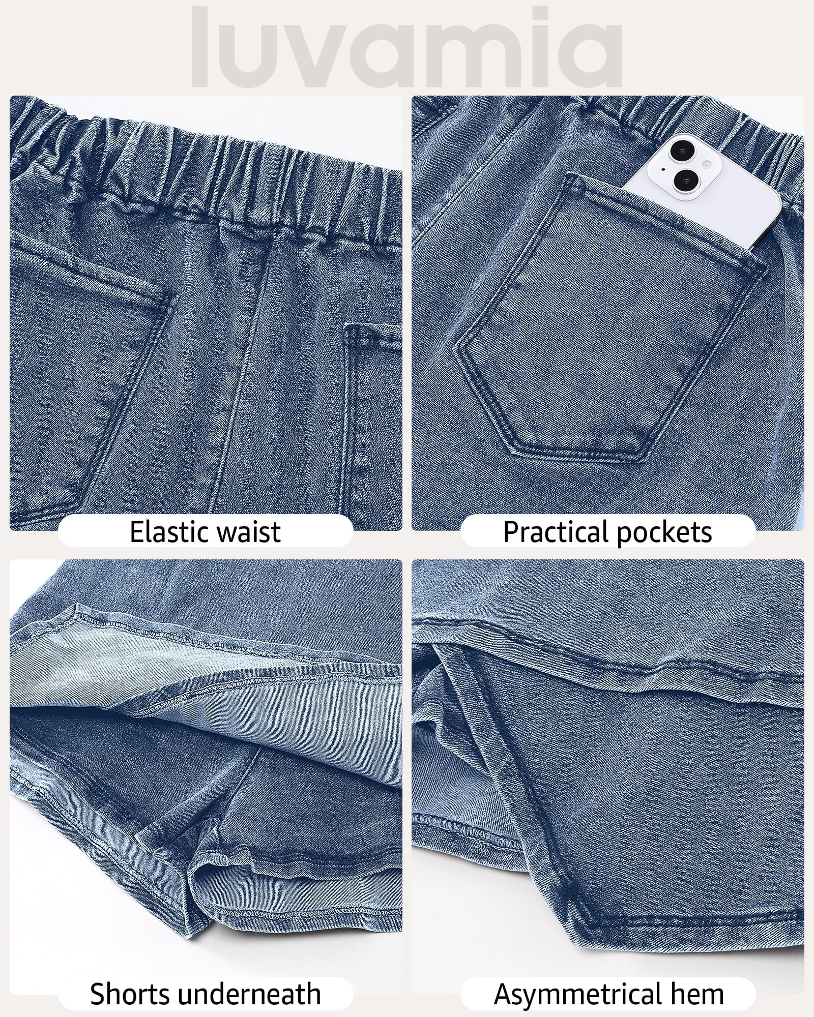 Luvamia High Waisted Jean Skorts for Women - Stretchy Pull On Denim Wrap Skirt with Built-in Shorts, Trendy Asymmetrical Design | Perfect for Casual Outings, Summer Vacations and Office Wear