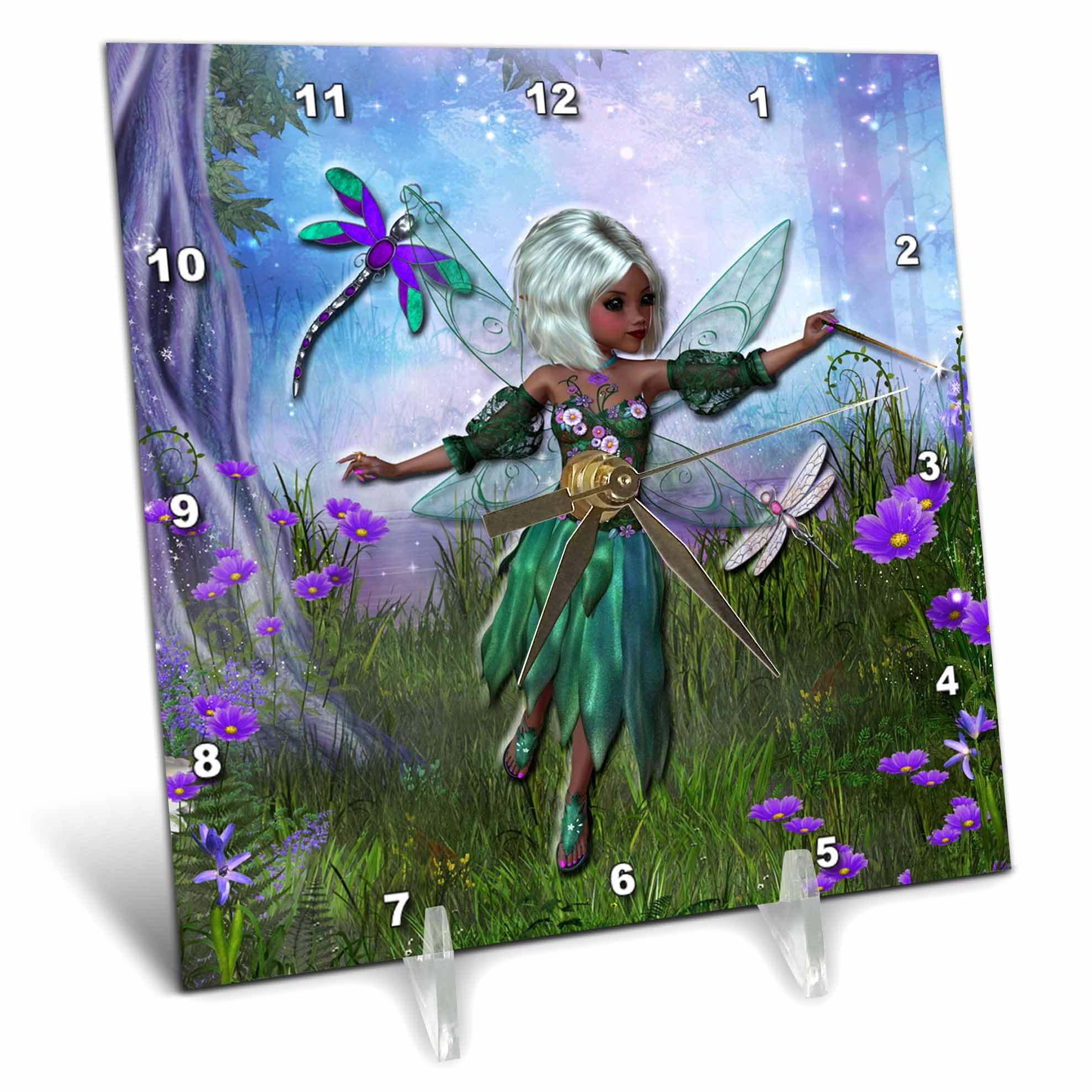 3D Rose Beautiful Fairy Garden Dragonflies Desk Clock - 6 x 6 Inches, Elegant Home Office Decor for Women, Perfect Gift for Fairy Lovers & Nature Enthusiasts - Ideal for Bedroom, Living Room or Office Desk