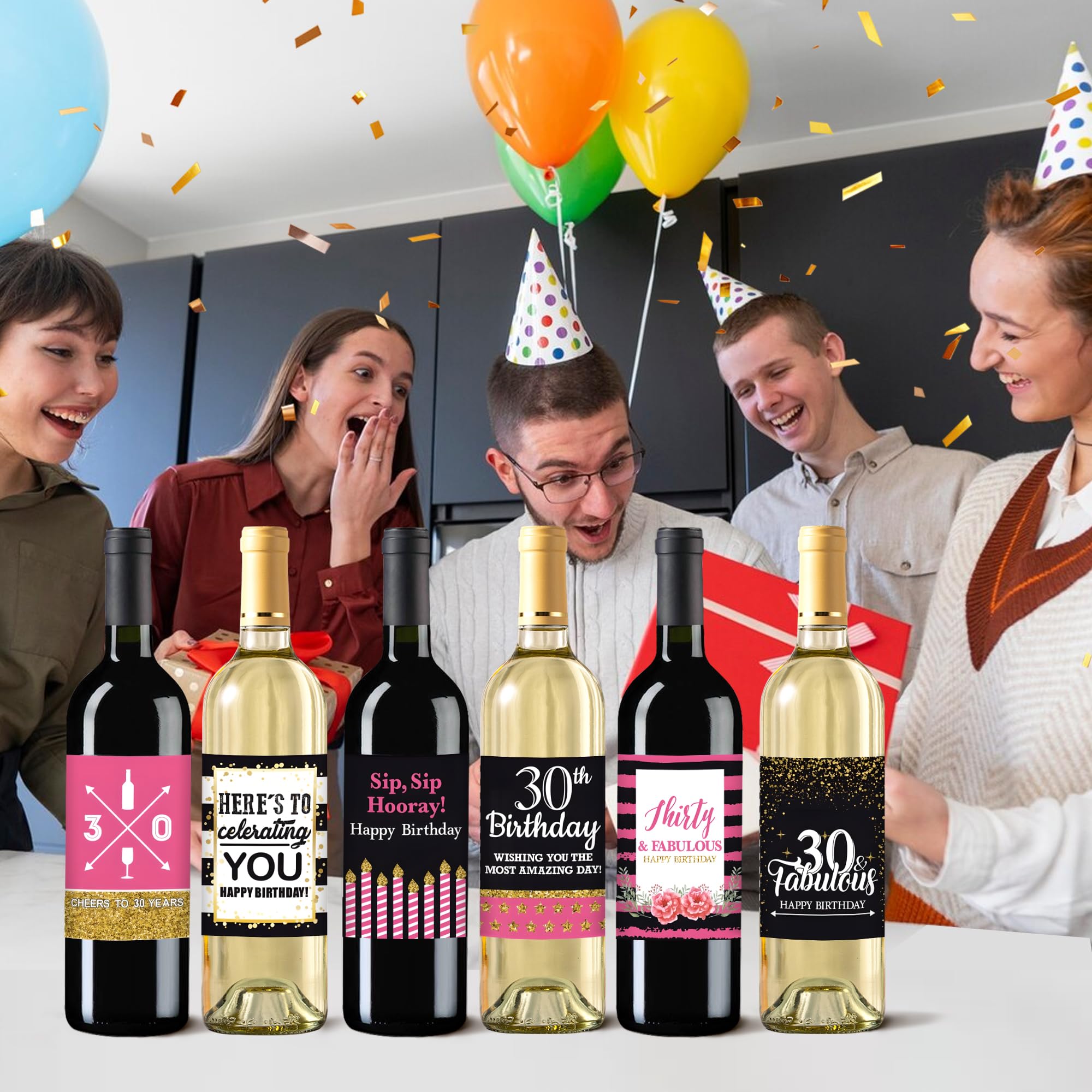 VIDELLY 12-Pack Custom 30th Birthday Wine Bottle Labels - Personalized Waterproof Stickers for Party Decor (Black, Gold, Pink) - Perfect 30th Birthday Gifts for Women - Great for Birthday Celebrations, Wine Parties & Special Occasions