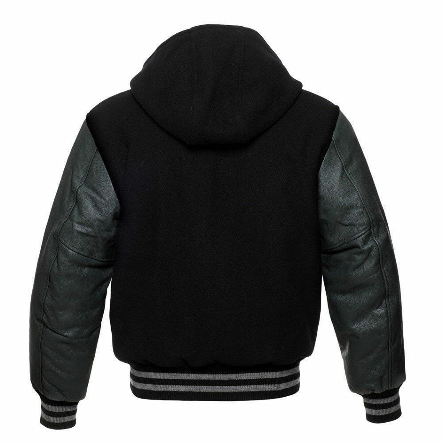 Men's Varsity Jacket - Wool Body & Genuine Leather Sleeves Letterman Jacket - College Style Bomber Jacket (Large, Black with Grey Trim Hoodie) - Perfect for School Spirit, Casual Outfits & Retro Fashion