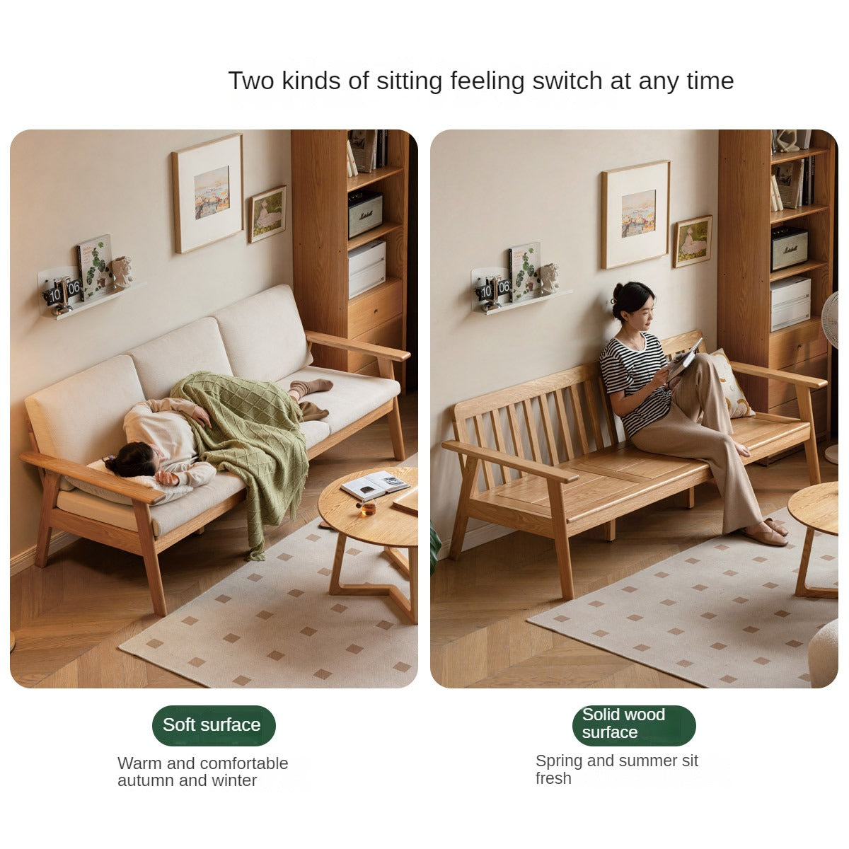 Japanese Style 3-Seater Fabric Sofa - Solid Oak & Pine Wood Frame - Perfect for Living Room, Lounge, or Zen Home Decor