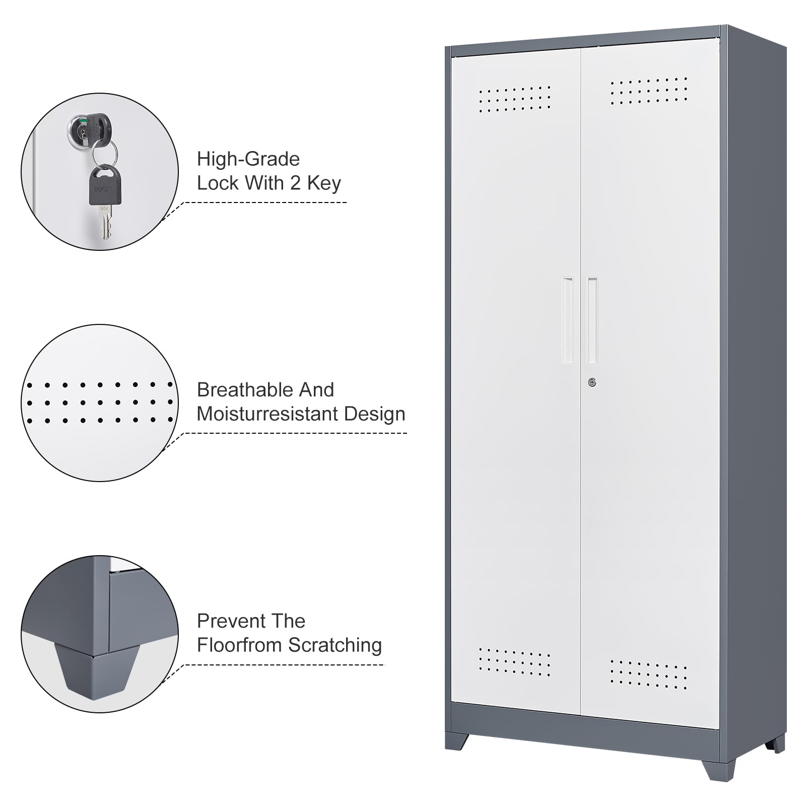 Broom Storage Cabinet with Hanging Rod & S-Hooks - Cleaning Supplies Organizer for Office, Garage, Laundry Room - Space Saving Utility Closet for Mops, Brooms and Cleaning Tools