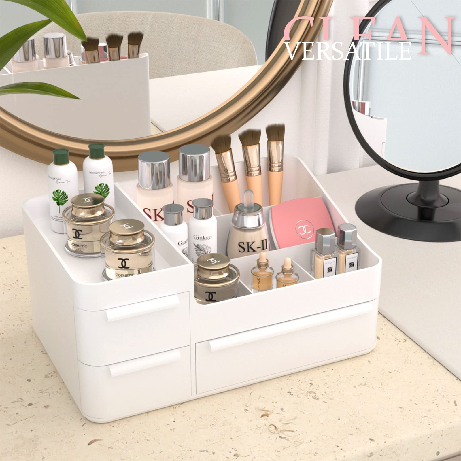 White Makeup Organizer with Drawers - Vanity Countertop Organizer for Cosmetics, Brushes, Lotions & Beauty Products | Perfect for Bathroom, Bedroom & Dressing Table Organization