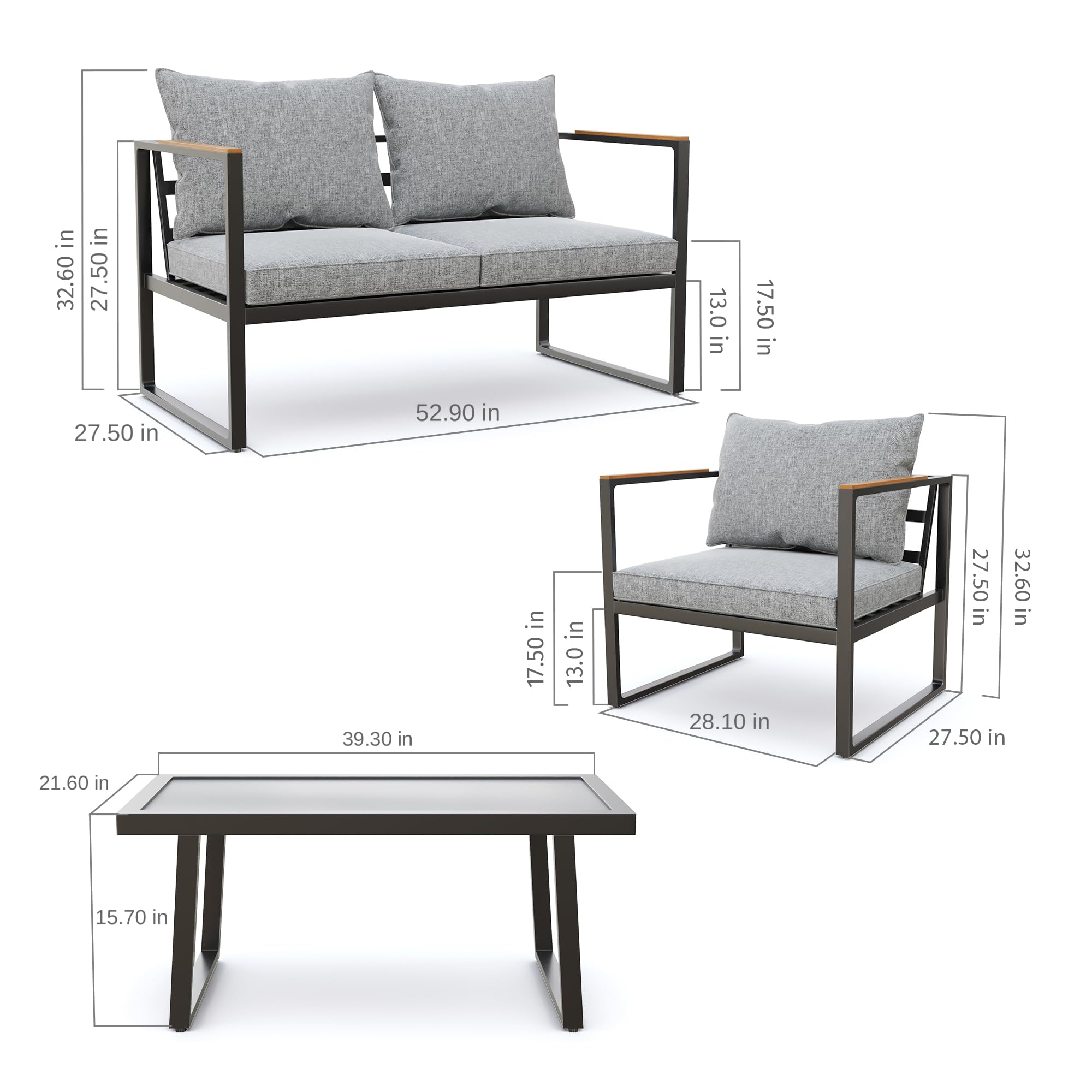 EAST OAK 4-Piece Outdoor Patio Furniture Set with Sofa, Washable Cushions & Tempered Glass Table - Light Gray & Black - Perfect for Backyard, Garden or Poolside Relaxation
