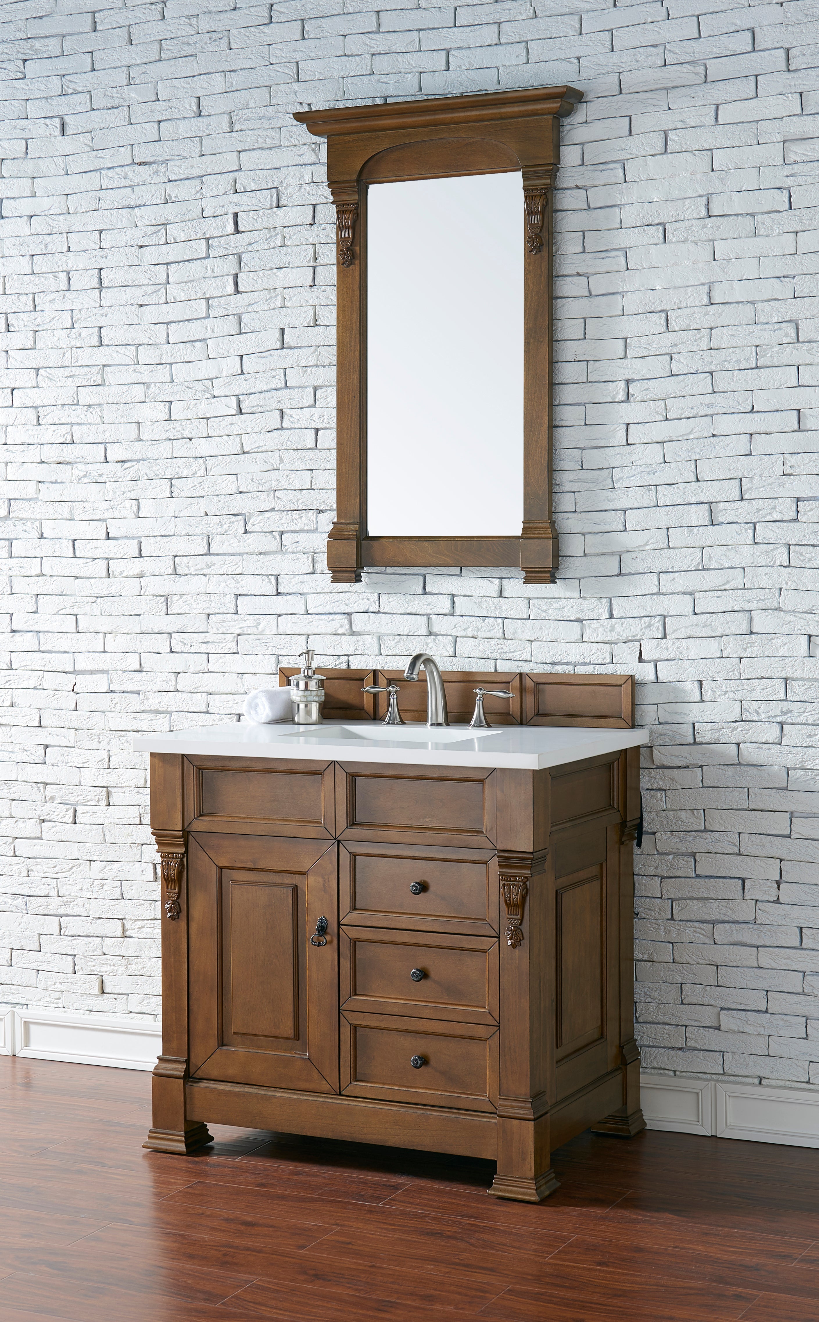 Brookfield 36-Inch Single Bathroom Vanity Set - Country Oak Finish with 3CM White Zeus Quartz Countertop | Perfect for Modern Farmhouse & Rustic Bathroom Decor