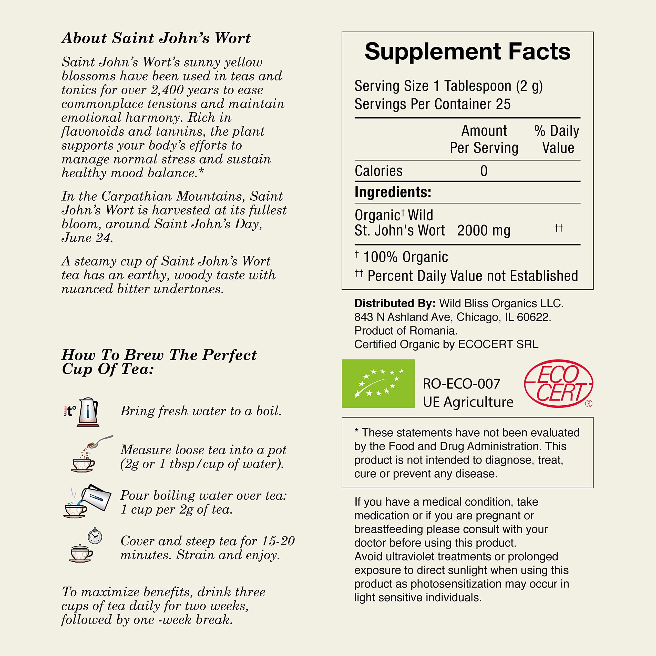 Wild Bliss Organic St. John's Wort Herbal Tea - Caffeine Free Mood Support & Stress Relief - Pharmacopoeia Strength - 20 Plant-Based Tea Bags - Perfect for Relaxation, Meditation & Evening Wind-Down