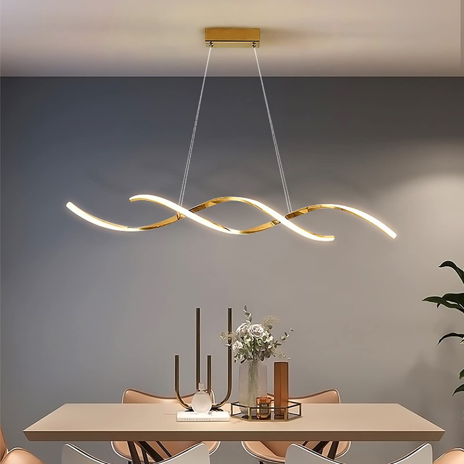 TBHOME Modern LED Pendant Light - 35x6 Inch Gold Warm Light Chrome Chandelier for Dining Room & Kitchen Island | Contemporary Minimalist Ceiling Fixture | Perfect for Home Decor, Restaurant Lighting & Office Spaces