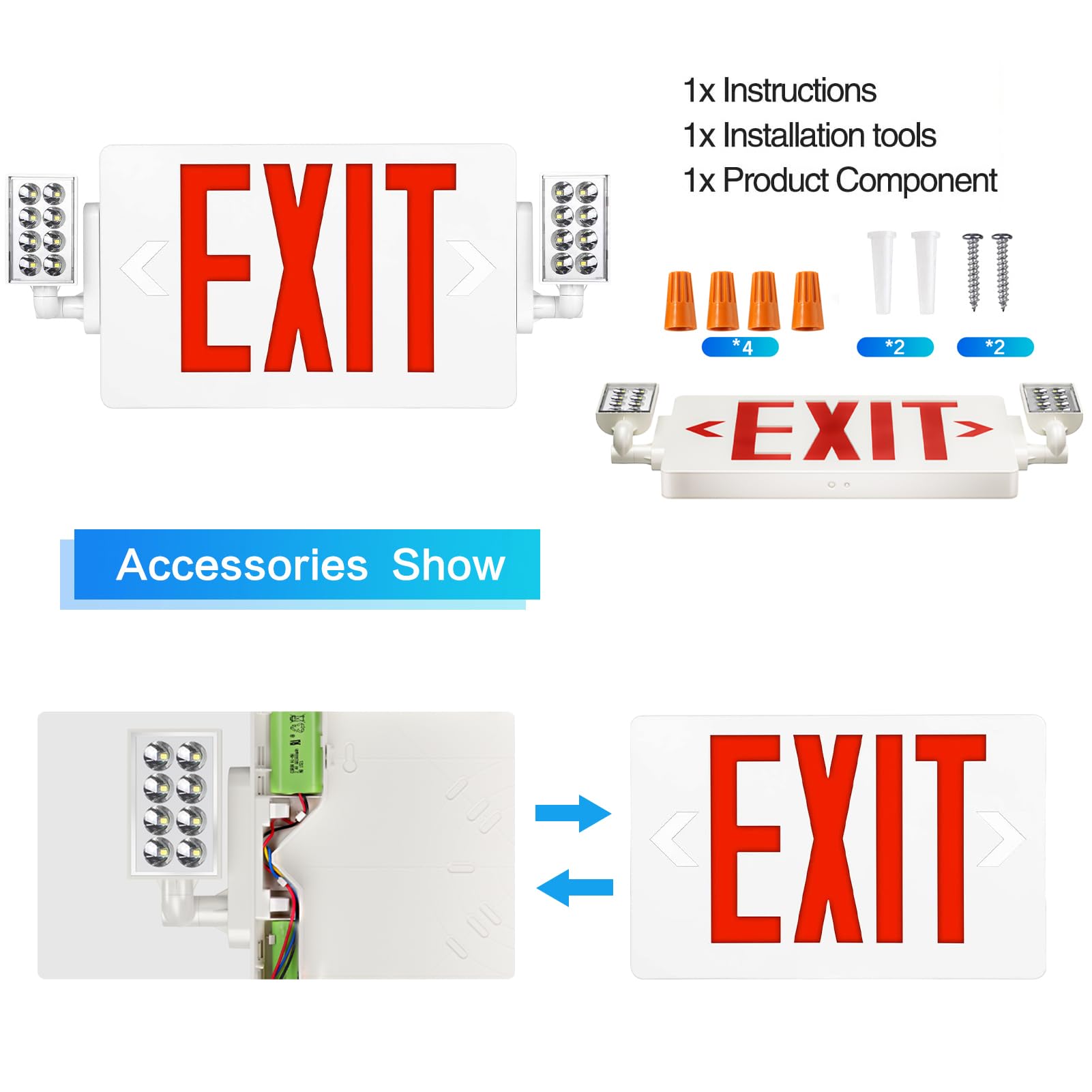 SPCETSUN 2-Pack Red LED Exit Sign with Emergency Lights - UL Listed, Battery Backup, AC 120/277V, Double-Faced Commercial Light Combo - Perfect for Offices, Warehouses & Business Safety Compliance