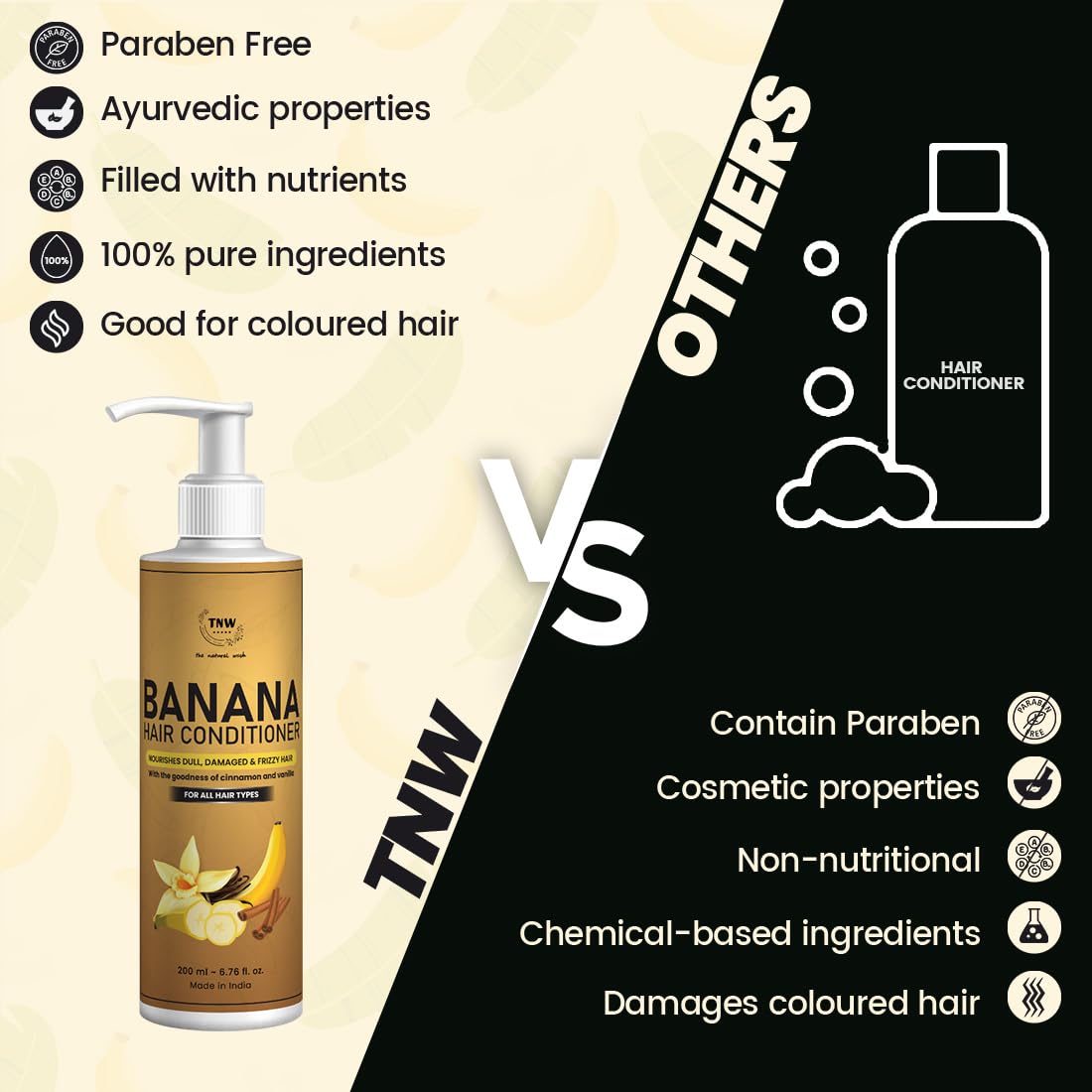 TNW THE NATURAL WASH Banana Hair Conditioner 200ml with Cinnamon & Vanilla - Deep Repair for Dry, Damaged, Frizzy Hair - Moisturizing & Shine Enhancing Formula for Women & Men - Perfect for Daily Hair Care & Salon-Quality Results at Home