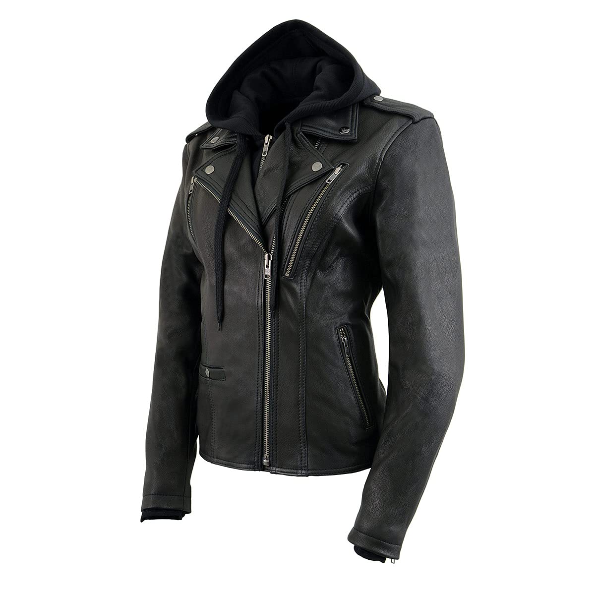 Milwaukee Leather MLL2575 Women's Black Leather Vented Motorcycle Jacket with Removable Hoodie - Perfect for Riding, Commuting & Outdoor Adventures