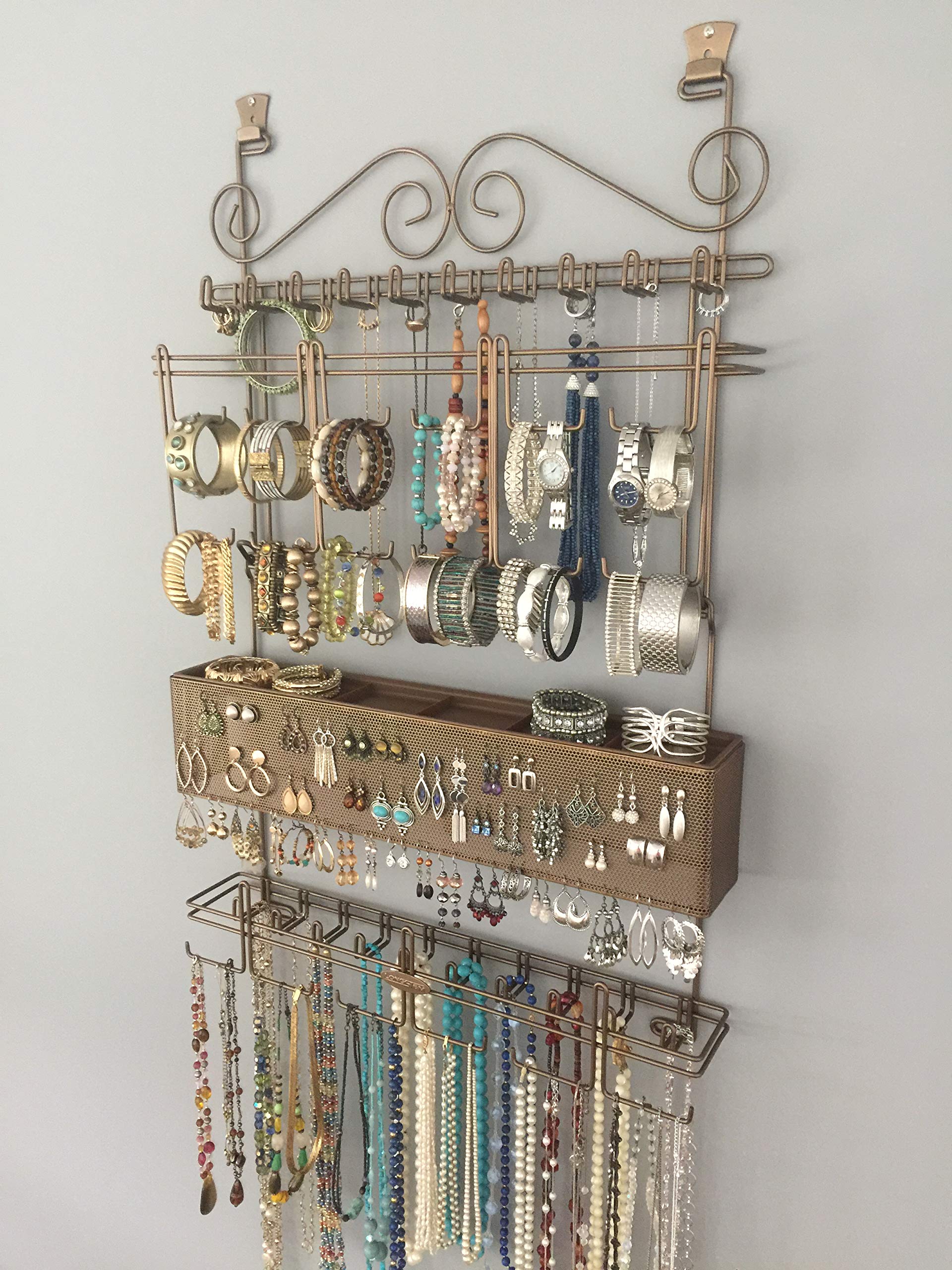 Longstem Hanging Jewelry Organizer #7100 - Bronze Over-the-Door/Wall Mount Jewelry Storage Holder for Earrings, Necklaces, Bracelets & Watches (Holds 300+ Pieces) - Perfect for Bedroom, Closet & Bathroom Organization