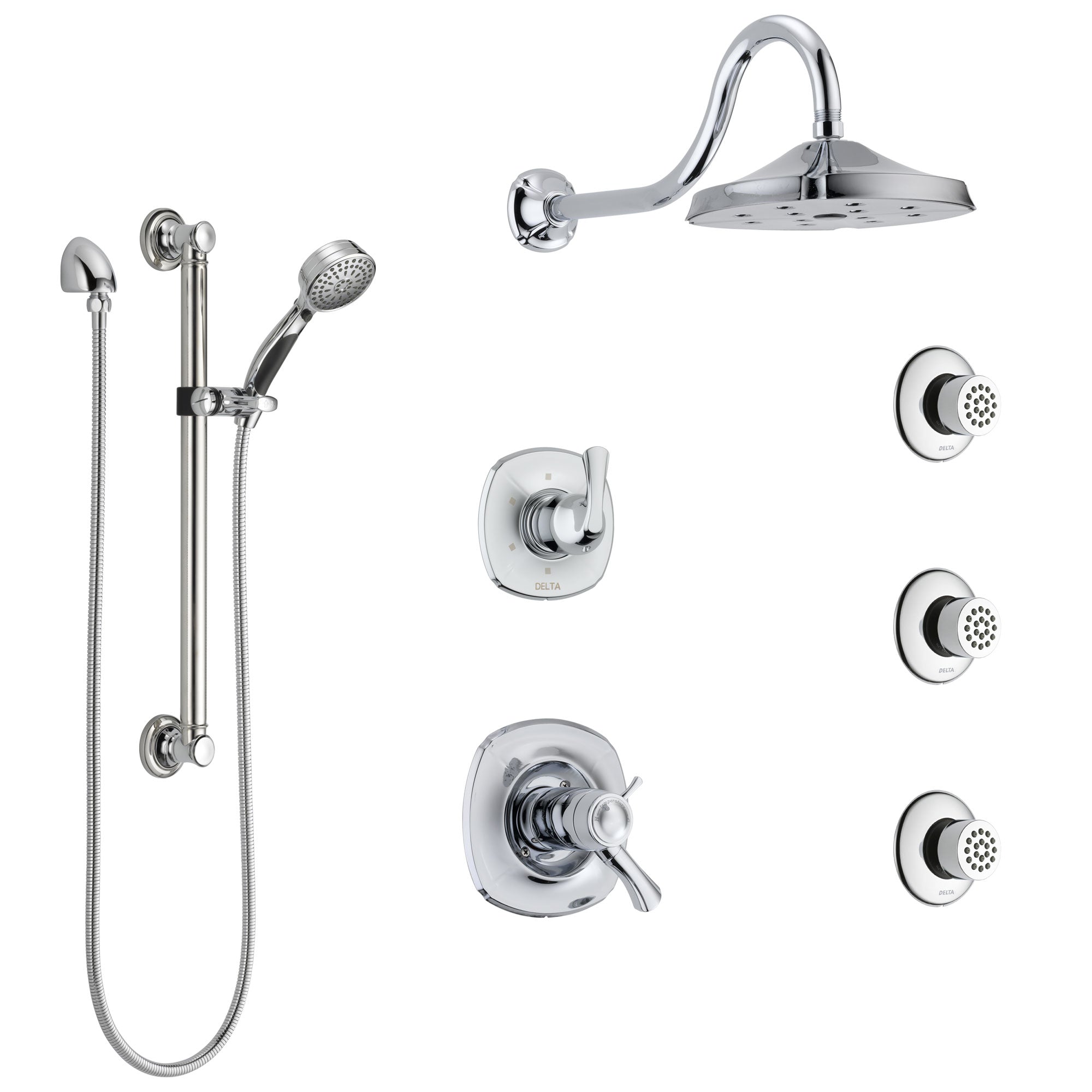 Delta Addison Chrome Shower System - Dual Thermostatic Control, Diverter, Rainfall Showerhead, 3 Body Sprays & Handheld Shower with Grab Bar (Model SS17T29221) - Perfect for Luxurious Spa-Like Bathroom Experience