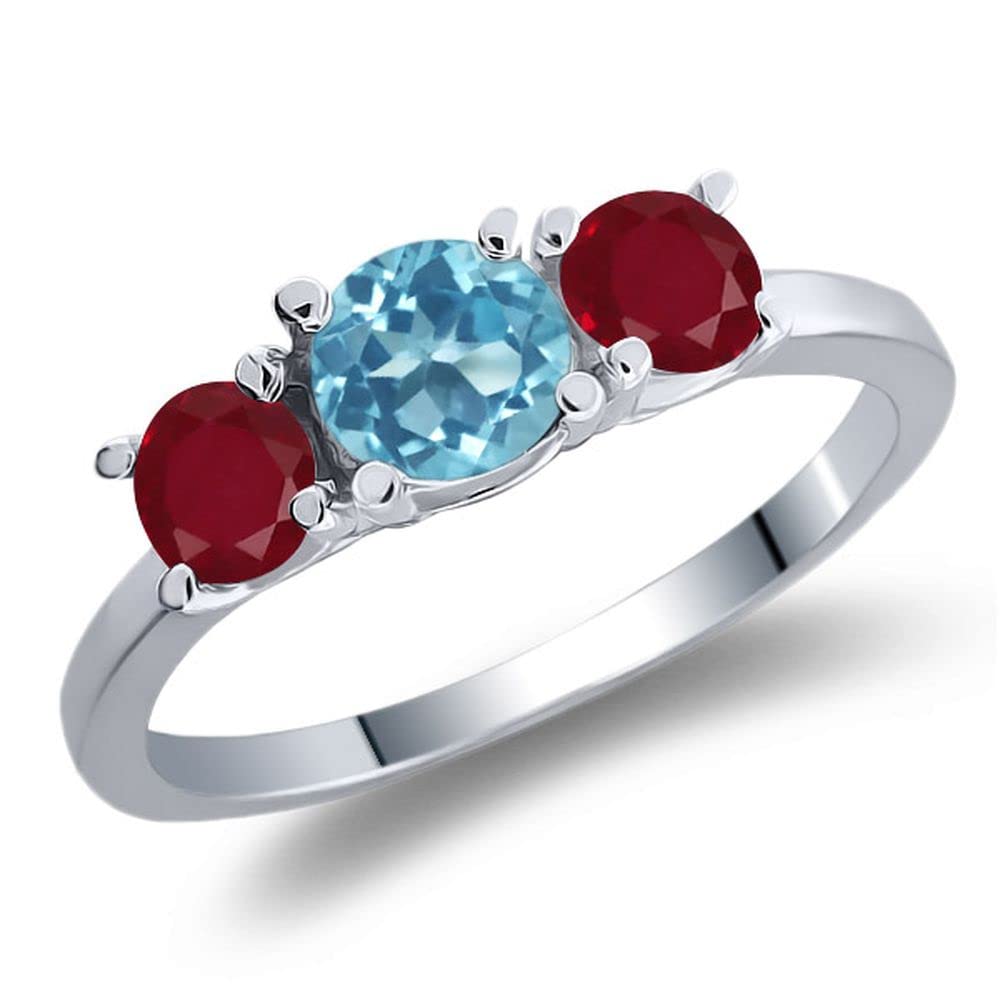 1.20 Ct Round Swiss Blue Topaz & Red Ruby 925 Sterling Silver 3-Stone Ring for Women | Elegant Birthstone Jewelry Gift for Anniversary, Engagement & Special Occasions