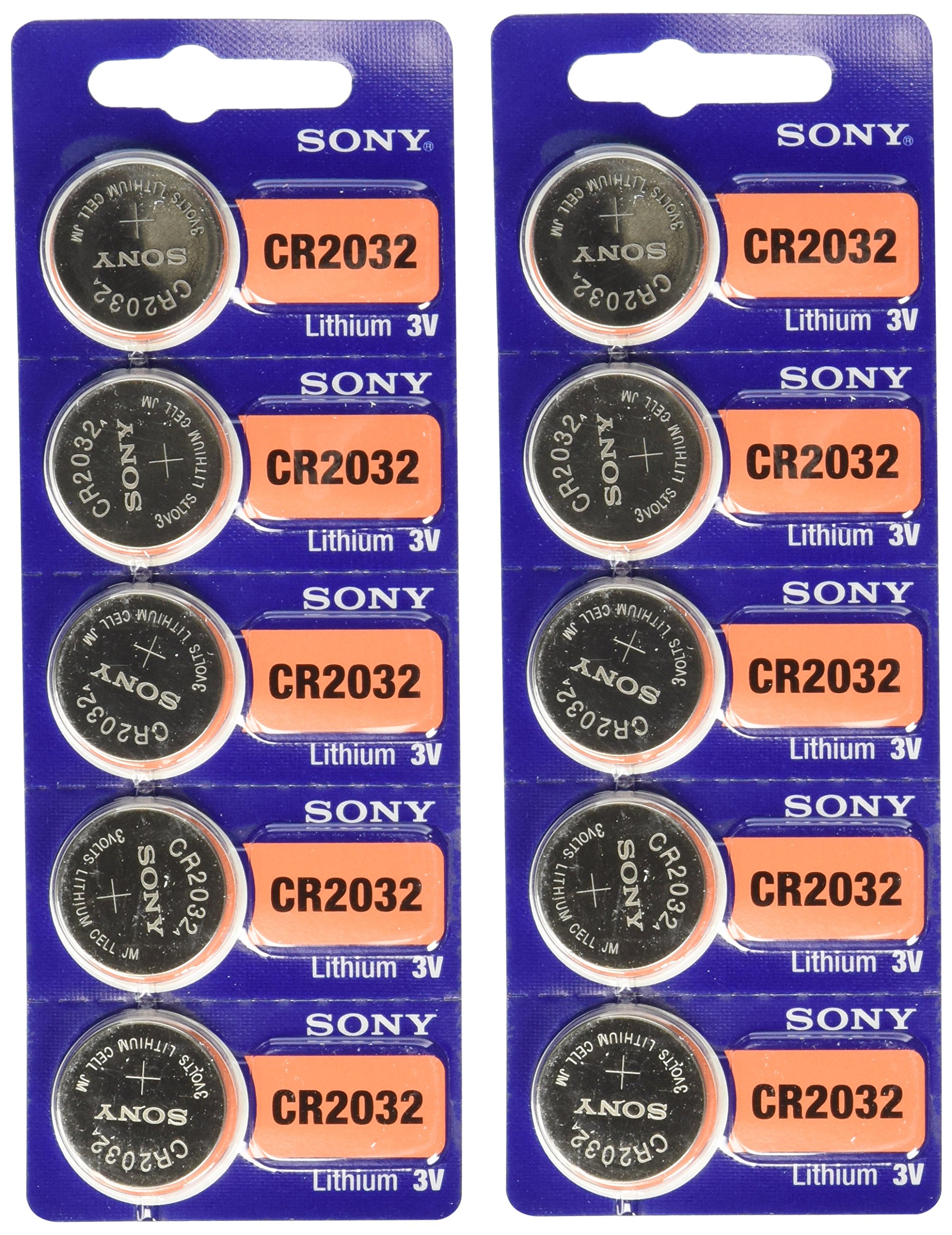 Sony CR2032 3V Lithium Coin Cell Batteries - 10-Pack (2 x 5) - Long Lasting Power for Watches, Key Fobs, Calculators & Medical Devices