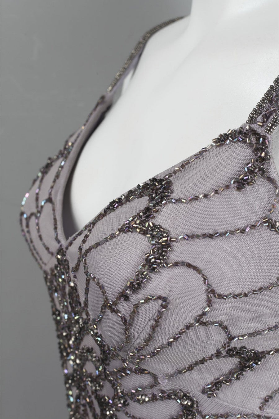 Adrianna Papell Beaded Backless Mesh Art Deco Evening Gown in Heather Grey - Perfect for Prom, Gala, and Formal Events