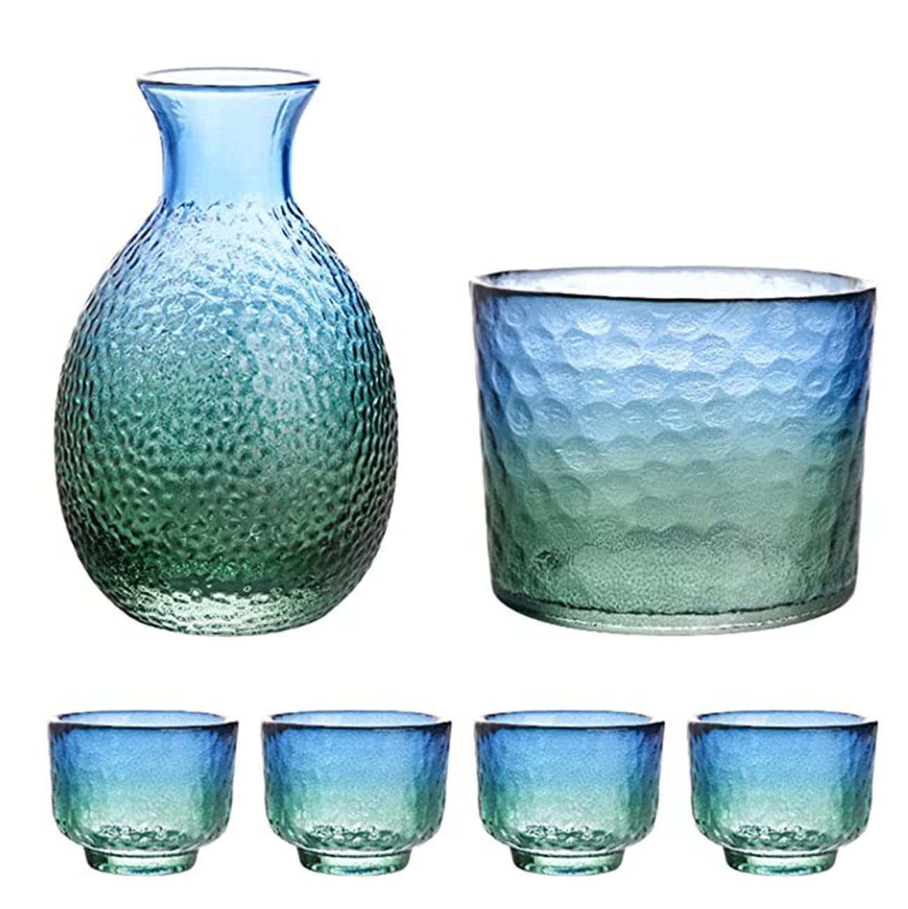 Premium Japanese Sake Set with Warmer - 1 Elegant Sake Bottle & 4 Blue-Green Gradient Glass Cups - Complete Drinkware Kit for Cold/Warm/Hot Sake, Shochu & Spirits - Perfect for Home Entertaining, Japanese Cuisine Pairing & Gift Giving
