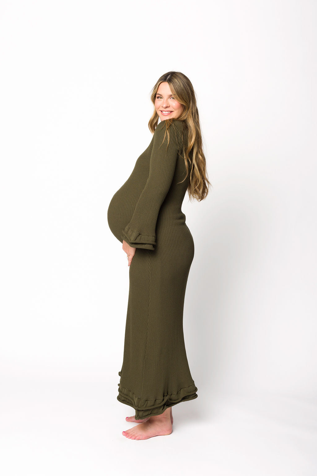 Arlet Olive Green Maternity Dress - Bump Friendly, Comfortable & Stylish for Pregnancy, Nursing, and Special Occasions