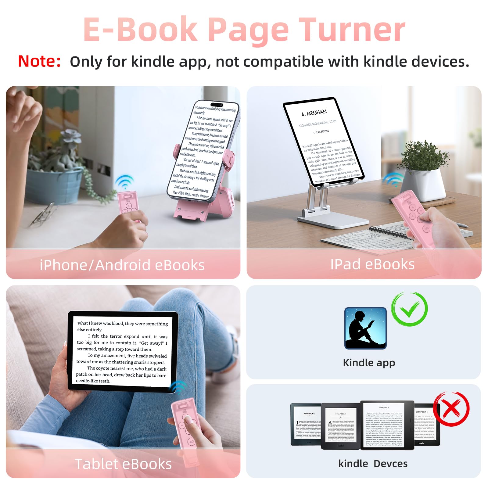 Bluetooth Page Turner Remote for Kindle, TikTok Scrolling, Camera Shutter - Compatible with iPhone, Android, iPad & Tablets - Includes Phone Stand (Pink) - Perfect for Reading eBooks, Live Streaming & Hands-Free Content Creation