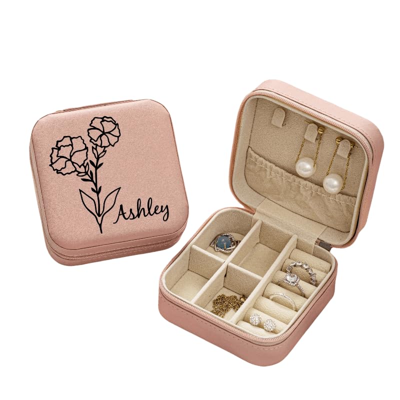 Personalized Leather Jewelry Storage Box with Birth Month Flowers - Custom Birthday Gift Box for Women | Jewelry Organizer & Display Case for Necklaces, Rings & Earrings | Perfect Birthday, Anniversary & Mother's Day Present