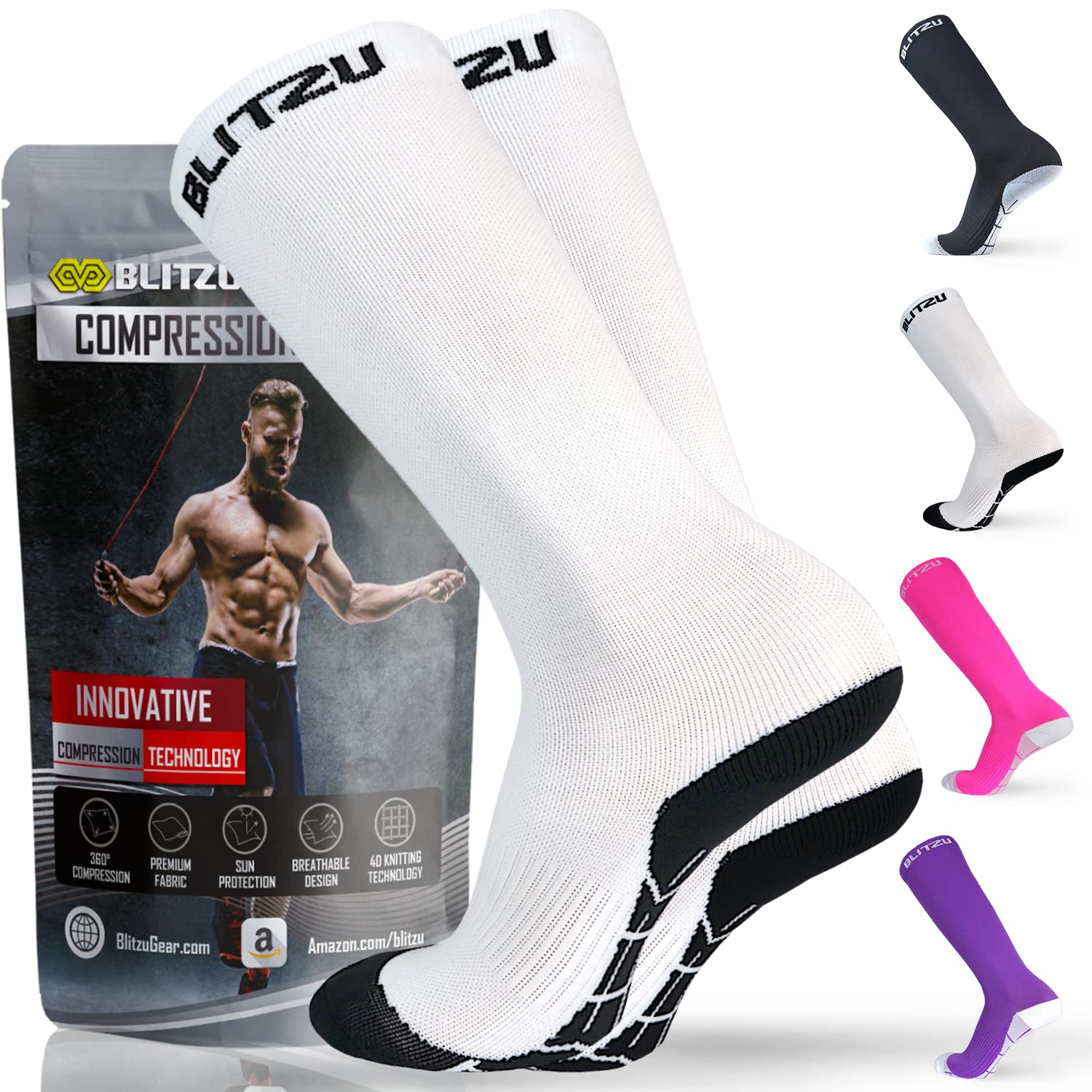 BLITZU Compression Socks for Women & Men - 20-30 mmHg Graduated Support Socks for Improved Circulation, Swelling Relief & Recovery - Best for Running, Travel, Nursing & Pregnancy (Black, Medium)