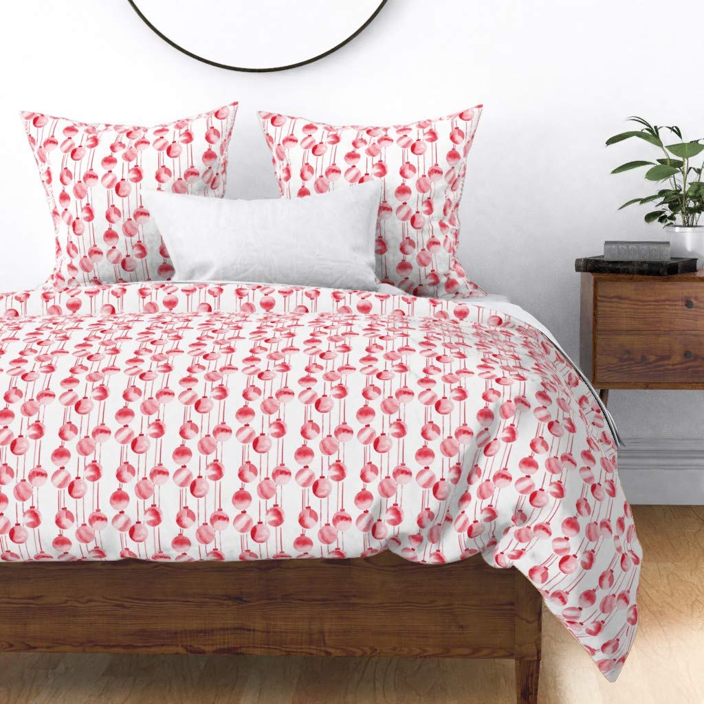 Red Watercolor Ornaments Cotton Sateen Duvet Cover King/California King Size - Christmas Holiday Vintage Style Printed Bedding Set | Perfect for Festive Home Decor, Guest Room & Winter Season Coziness