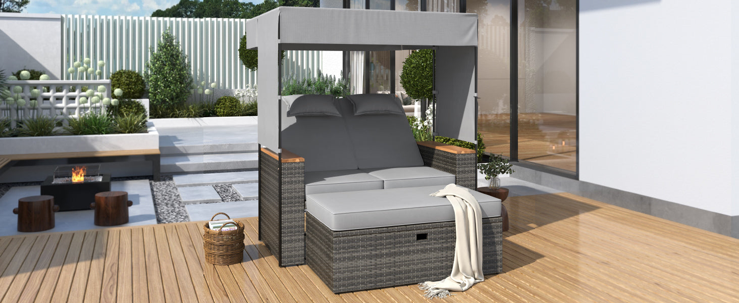 2-Piece Outdoor Rattan Daybed with 5 Adjustable Positions - Patio Loveseat Sofa Set for Poolside, Garden, or Backyard Relaxation