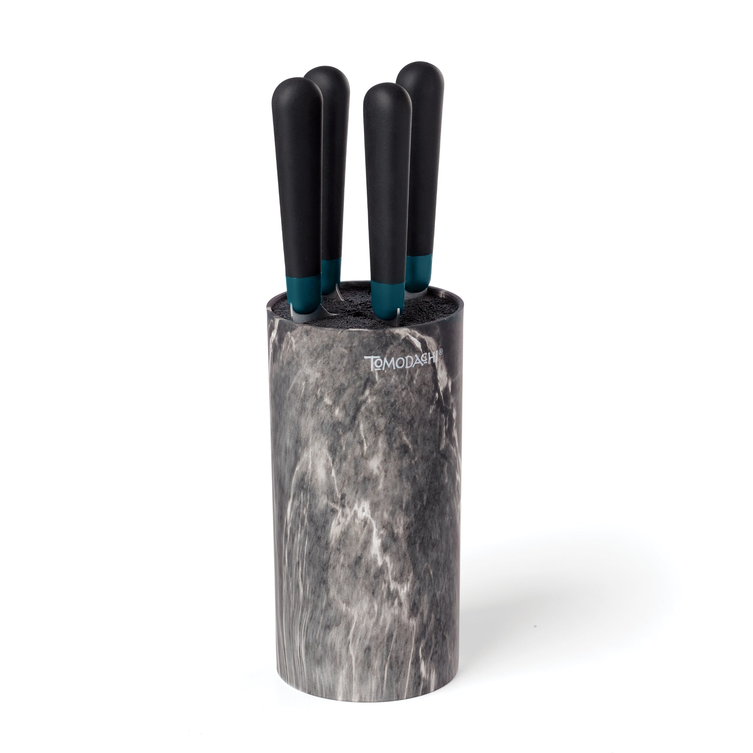 Premium Keen Black Marble 5-Piece Cutlery Set with Bristle Block Holder - Knife Fork Spoon Set for Kitchen, Dining, and Gift Giving