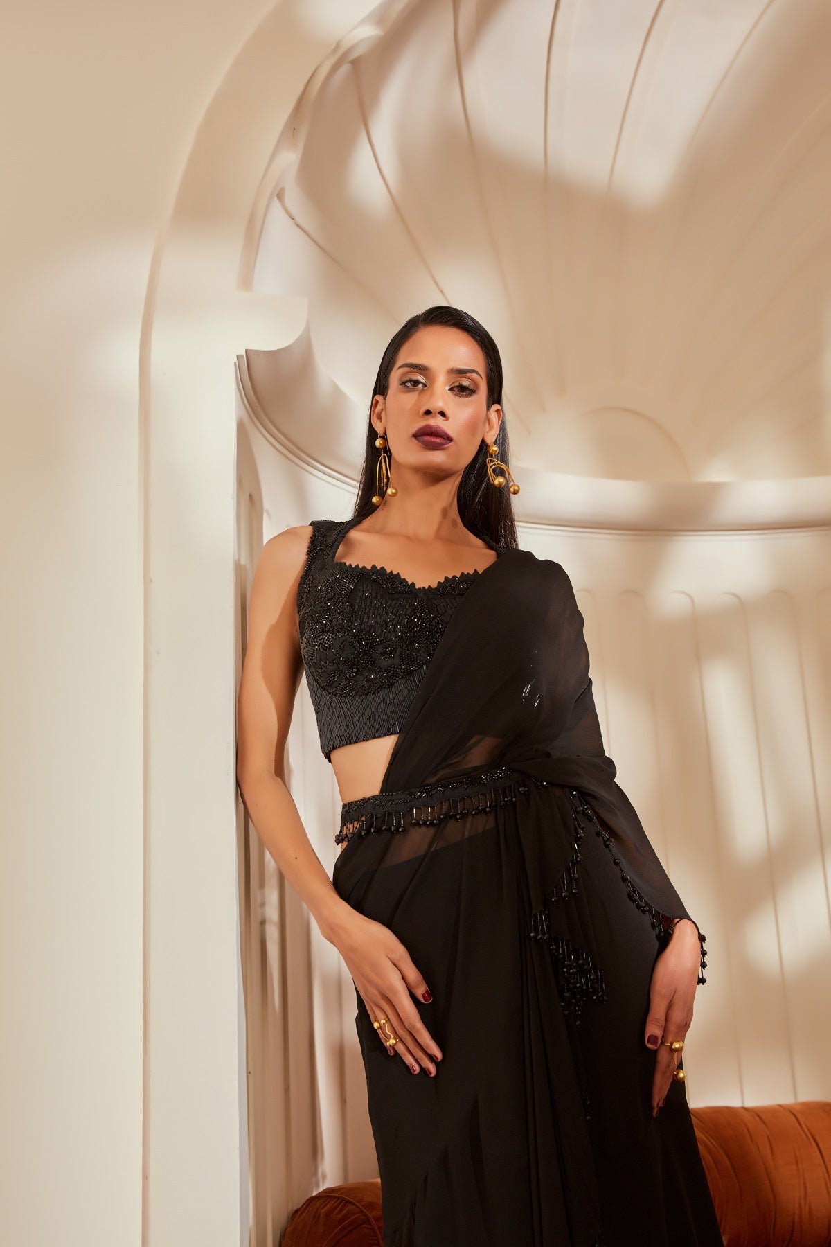 Elegant Black Ruffle Saree with Matching Blouse & Belt - Noire Glass Beads & Thread Embroidery for Wedding, Party & Special Occasions