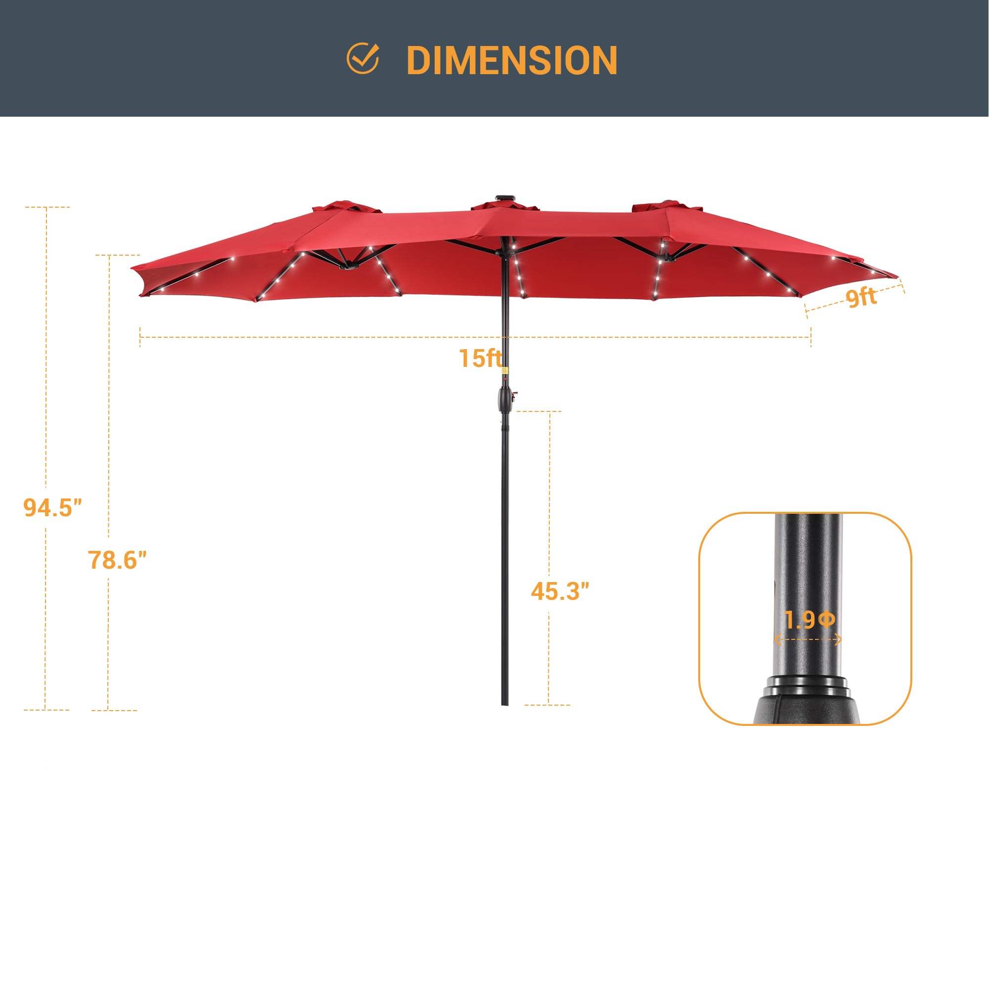 15ft Large Outdoor Patio Umbrella with Solar Lights - Double-Sided Rectangle Market Umbrella with 12 Sturdy Ribs & UV Protection - Perfect for Garden, Deck, Backyard, Poolside (Base Not Included) | Ideal for Outdoor Dining, Lounging, and Summer Entertaining