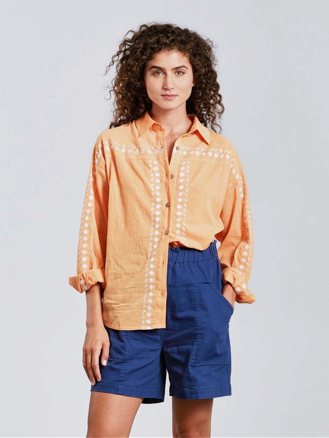 Hanako Women's Organic Cotton Embroidered Blouse - Cantaloupe Color | Boho Chic Summer Top for Casual Outings & Beach Vacations